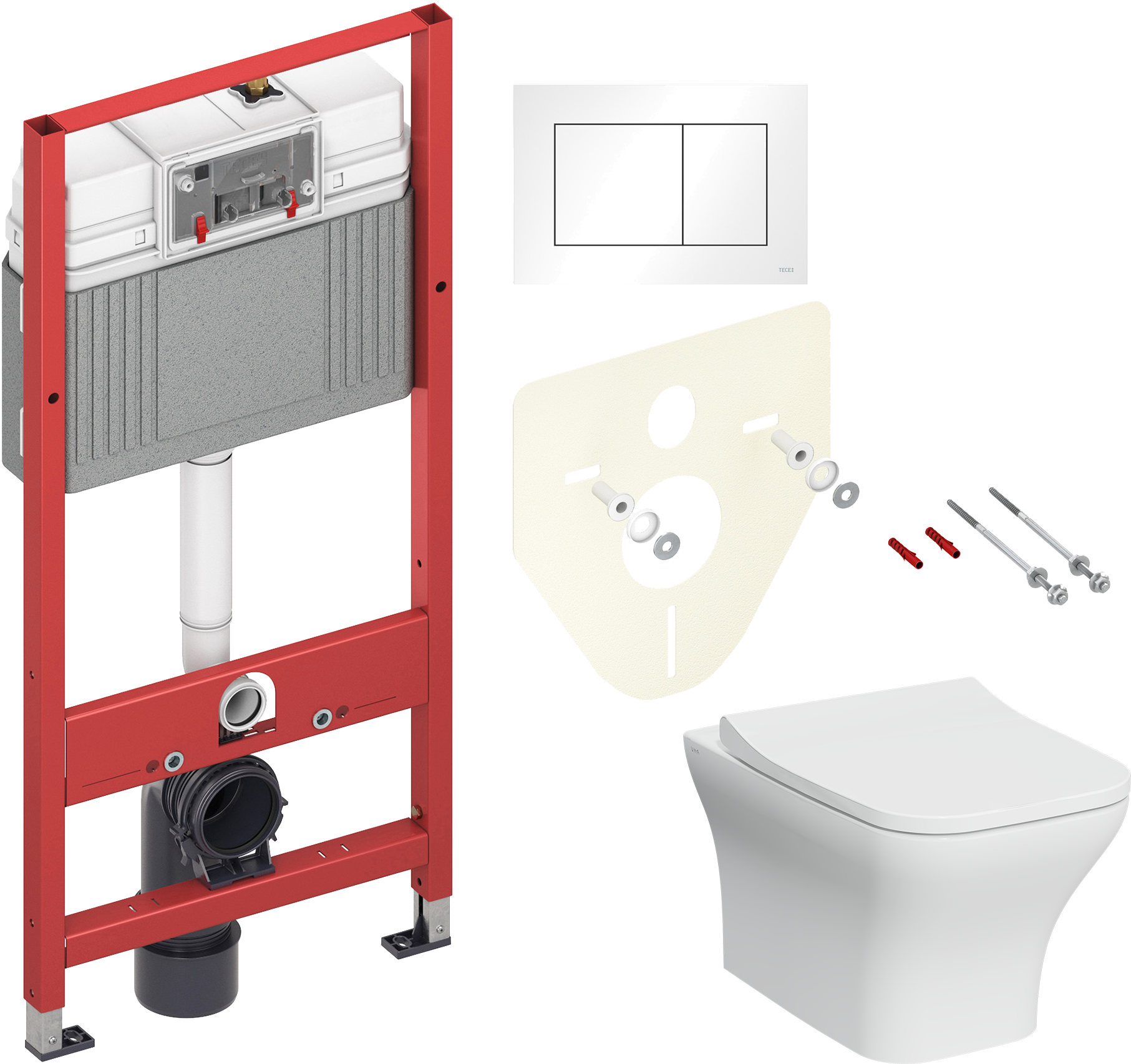 Комплект 3 в 1 Унитаз подвесной VitrA Zentrum Square 7484B003-0075, безободковый + Сиденье Integra Square 191-003-009, с микролифтом + Инсталляция с кнопкой TECE Base 9400413 цвет белый