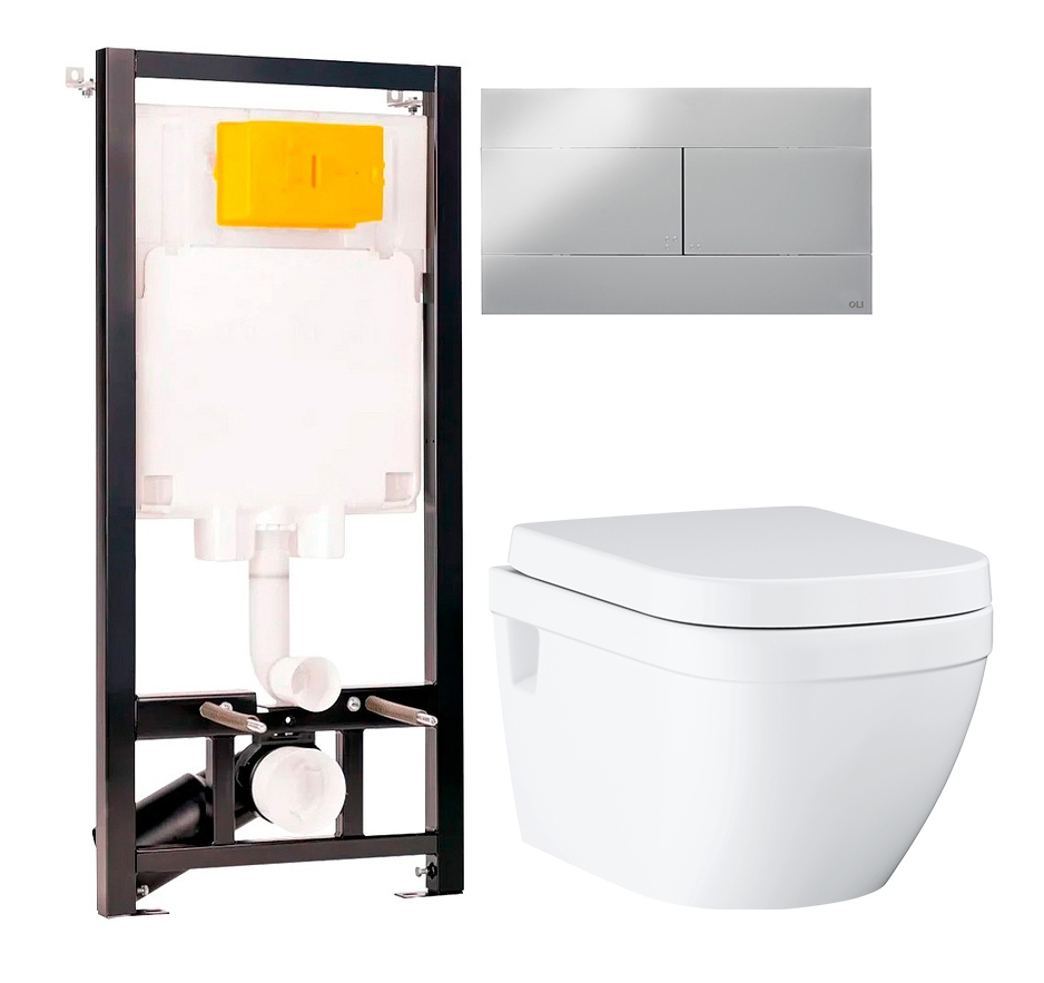 Комплект 2 в 1 Унитаз подвесной Grohe Euro Ceramic 39703000 + Инсталляция с кнопкой OLI 80 ECO Sanitarblock mechanic цвет черный