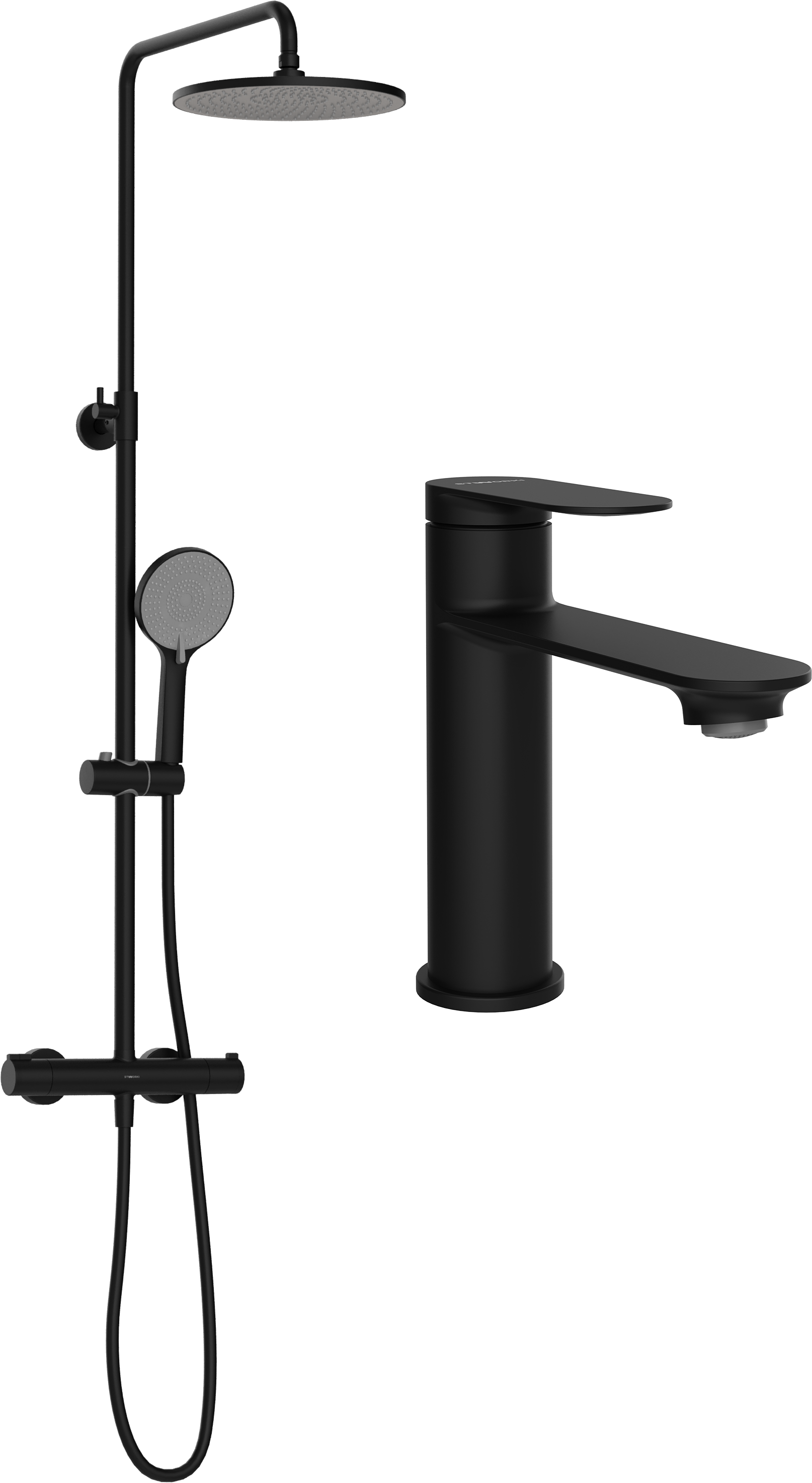 Комплект для ванной Смеситель STWORKI Сортланд S10010BK, матовый черный + Стойка S10160BK, матовый чёрный