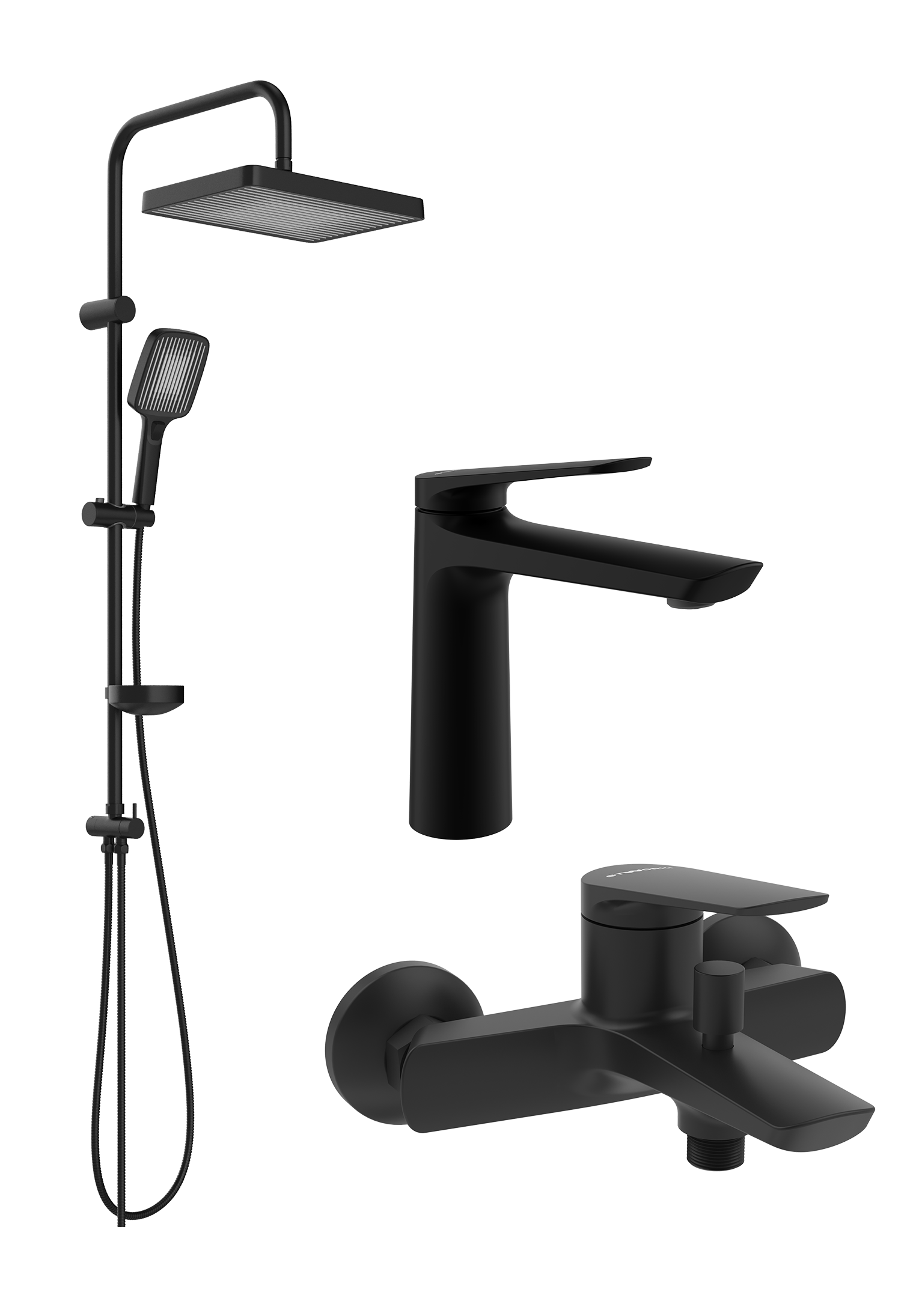 Комплект для ванной Смеситель STWORKI Вирклунд S05010BK матовый черный + Стойка Берген S21180BK матовая черная + Смеситель S05100BK матовый чёрный