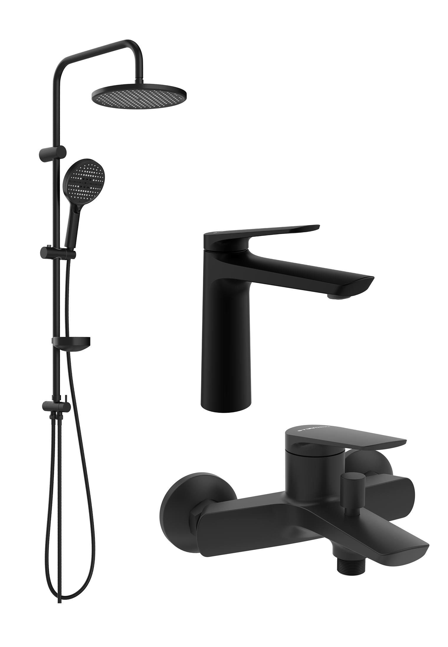 Комплект для ванной Смеситель STWORKI Вирклунд S05010BK матовый черный + Стойка Хальмстад S15180BK матовая черная + Смеситель S05100BK матовый чёрный