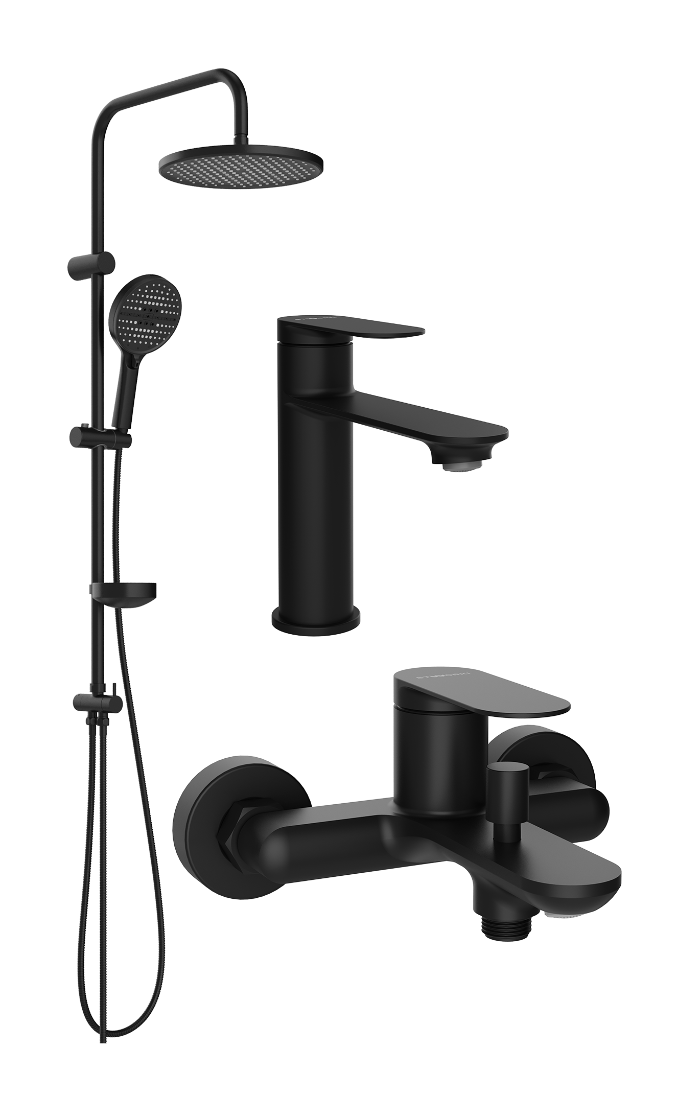 Комплект для ванной Смеситель STWORKI Сортланд S10010BK матовый черный + Стойка Хальмстад S15180BK матовая черная + Смеситель S10100BK матовый чёрный
