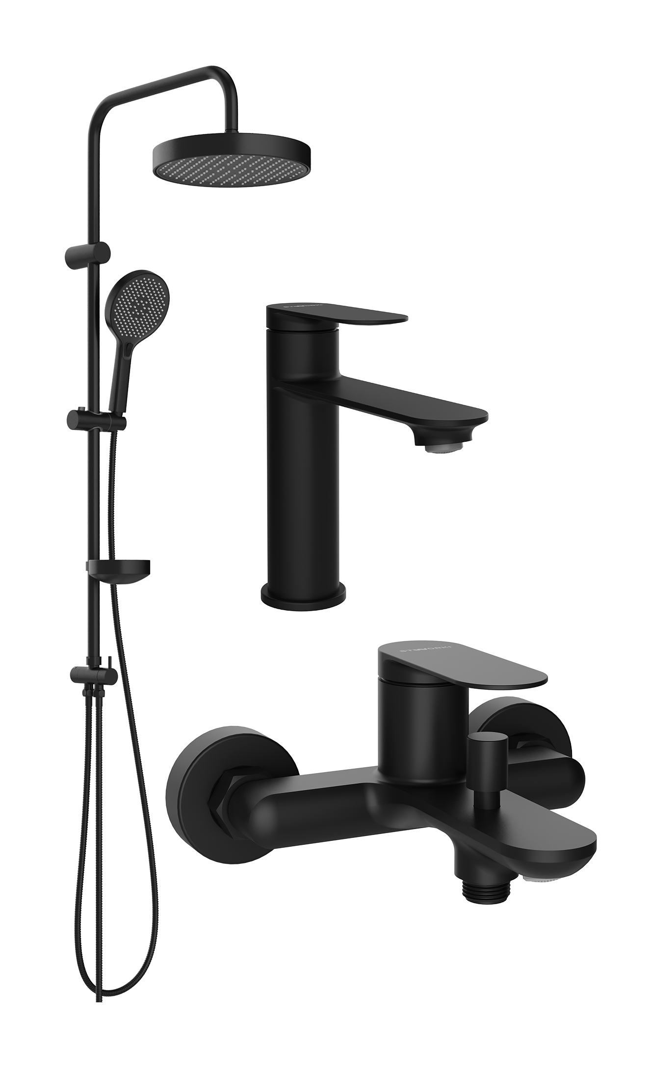 Комплект для ванной Смеситель STWORKI Сортланд S10010BK матовый черный + Стойка Молде S23180BK матовая черная + Смеситель S10100BK матовый чёрный