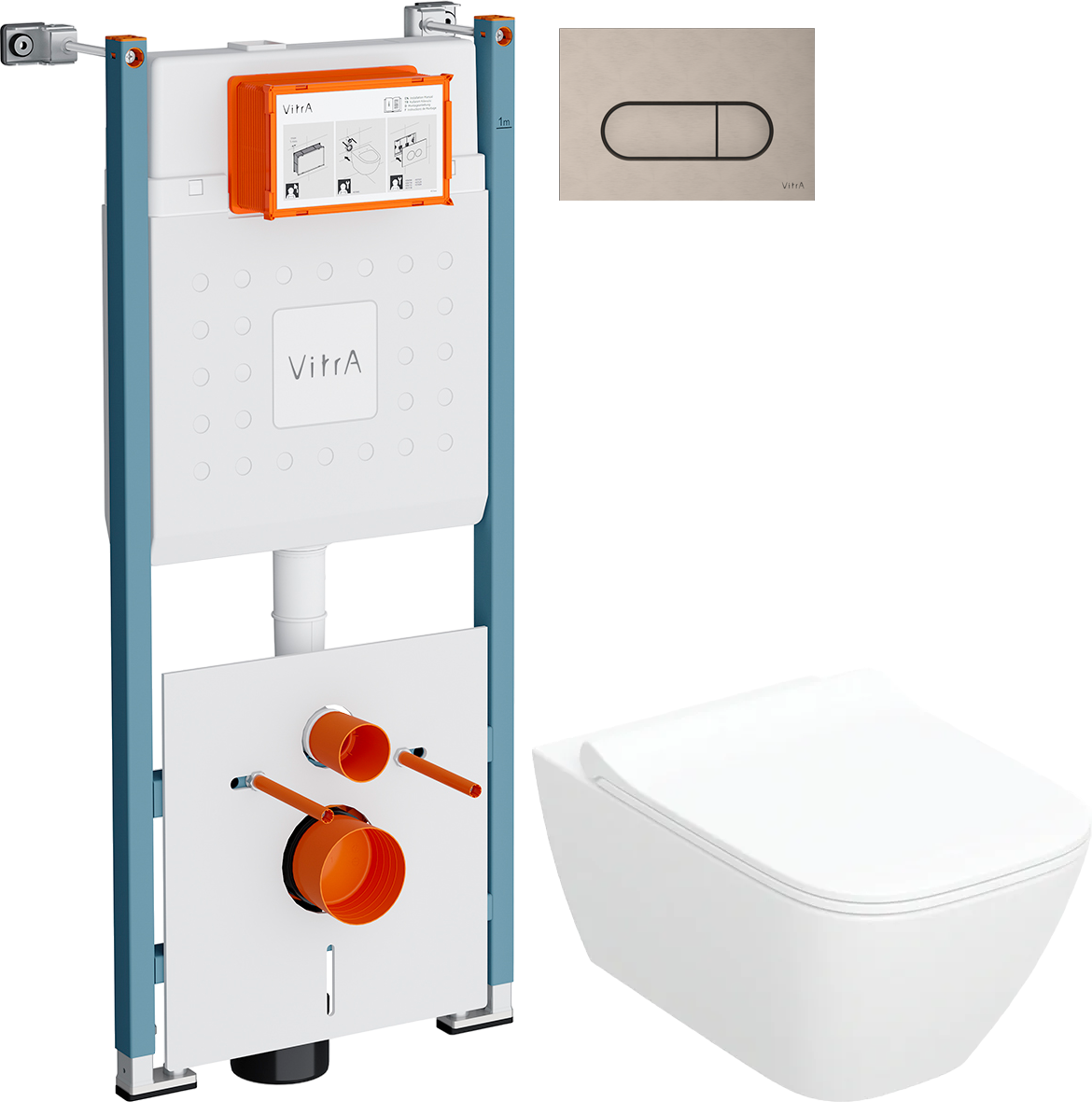 Комплект 3 в 1 Унитаз подвесной Geberit Smyle Square 500.685.01.1 + Инсталляция VitrA V-Fix Core 732-5800-01PV + Кнопка Root Round 740-2295 цвет никель