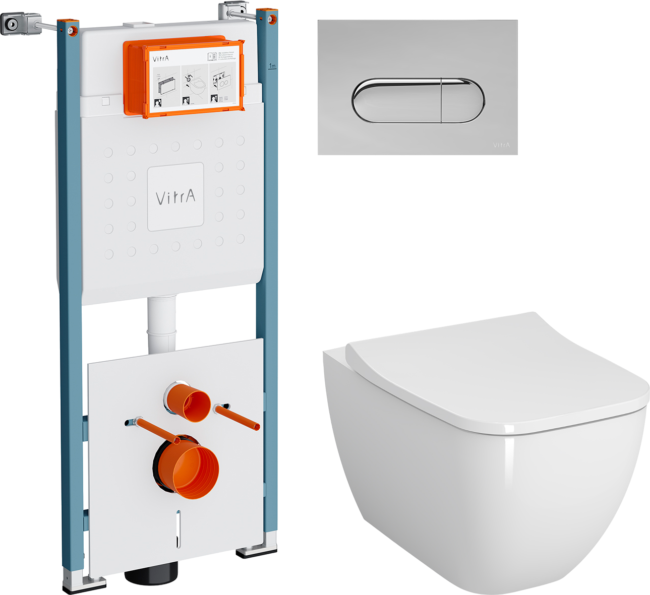 Комплект 4 в 1 Унитаз подвесной VitrA Shift 7742B003-0075 белая глянцевая + Сиденье Integra Square 810-003-009 быстросъемная, с микролифтом + Инсталляция V-Fix Core 732-5800-01PV + Кнопка Root Round 740-2280 цвет хром