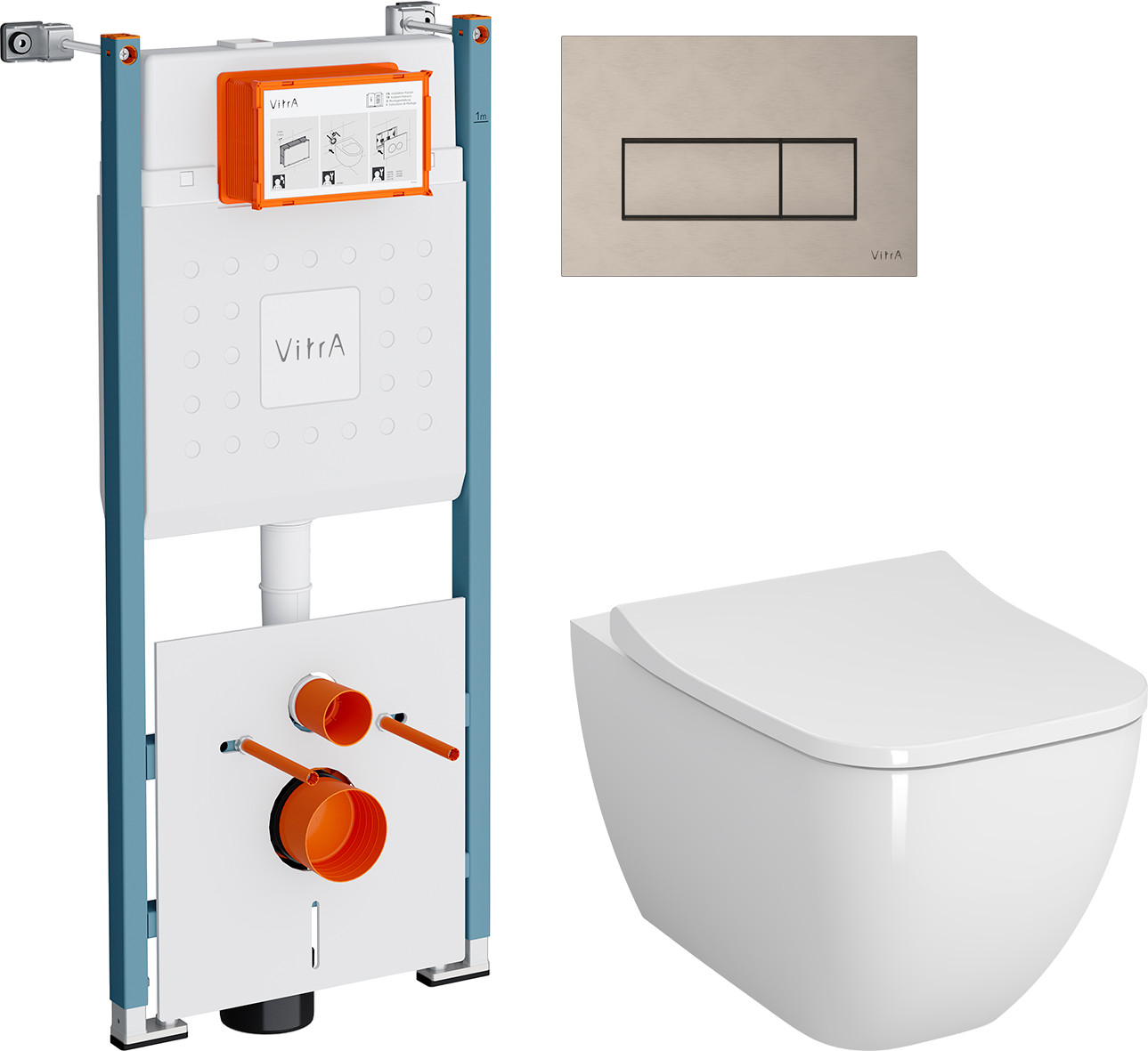 Комплект 4 в 1 Унитаз подвесной VitrA Shift 7742B003-0075 белая глянцевая + Сиденье Integra Square 810-003-009 быстросъемная, с микролифтом + Инсталляция V-Fix Core 732-5800-01PV + Кнопка Root Square 740-2395 цвет никель