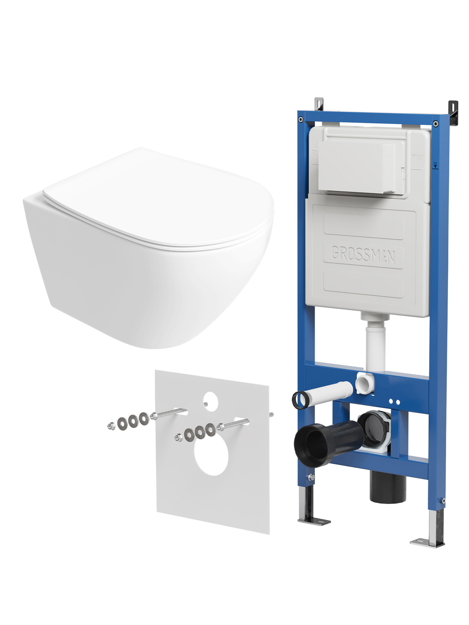 Комплект 3 в 1: Инсталляция Grossman 900.K31.01.000 + Унитаз подвесной STWORKI Кронборг S28401WH безободковый, с микролифтом + Комплект шумоизоляции