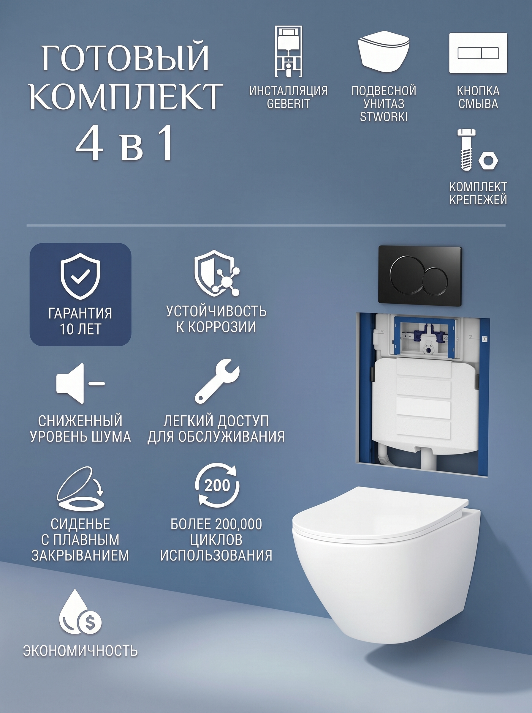 Комплект 4 в 1: Инсталляция Geberit Duofix UP 320 111.300.00.5 (111.950.00.6) + Унитаз подвесной STWORKI Кронборг S28401WH безободковый, с микролифтом + Комплект креплений + Кнопка Geberit Sigma 01 115.770.DW.5, черная