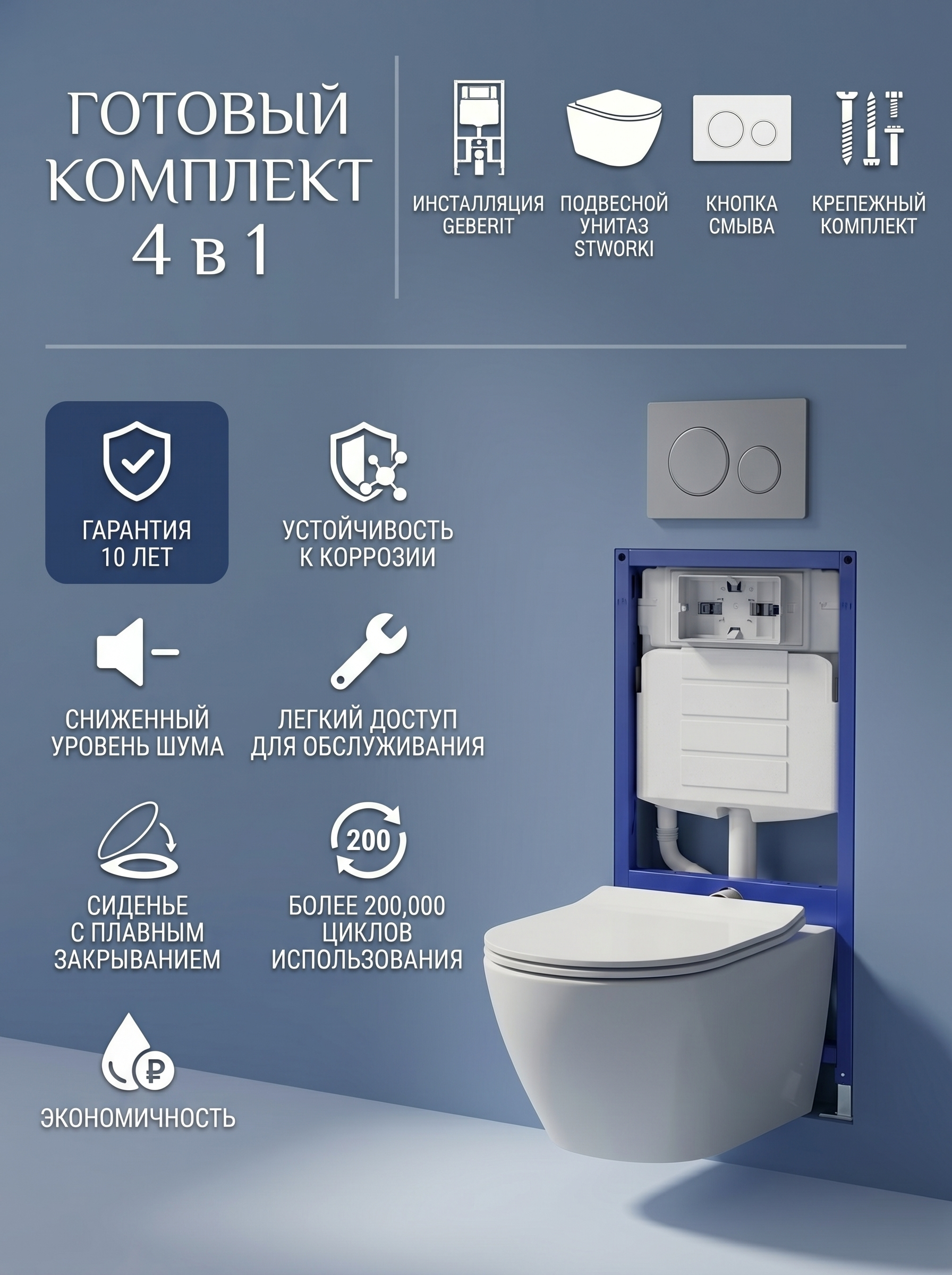 Комплект 4 в 1: Инсталляция Geberit Duofix UP 320 111.300.00.5 (111.950.00.6) + Унитаз подвесной STWORKI Кронборг S28401WH безободковый, с микролифтом + Комплект креплений + Кнопка Geberit Sigma 01 115.770.JQ.5, матовый хром