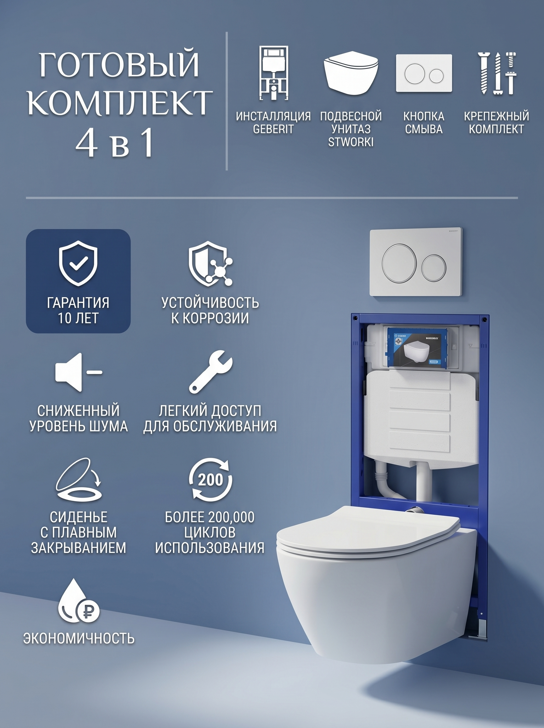 Комплект 4 в 1: Инсталляция Geberit Duofix UP 320 111.300.00.5 (111.950.00.6) + Унитаз подвесной STWORKI Кронборг S28401WH безободковый, с микролифтом + Комплект креплений + Кнопка Geberit Sigma 20 115.882.01.1, белый матовый лак