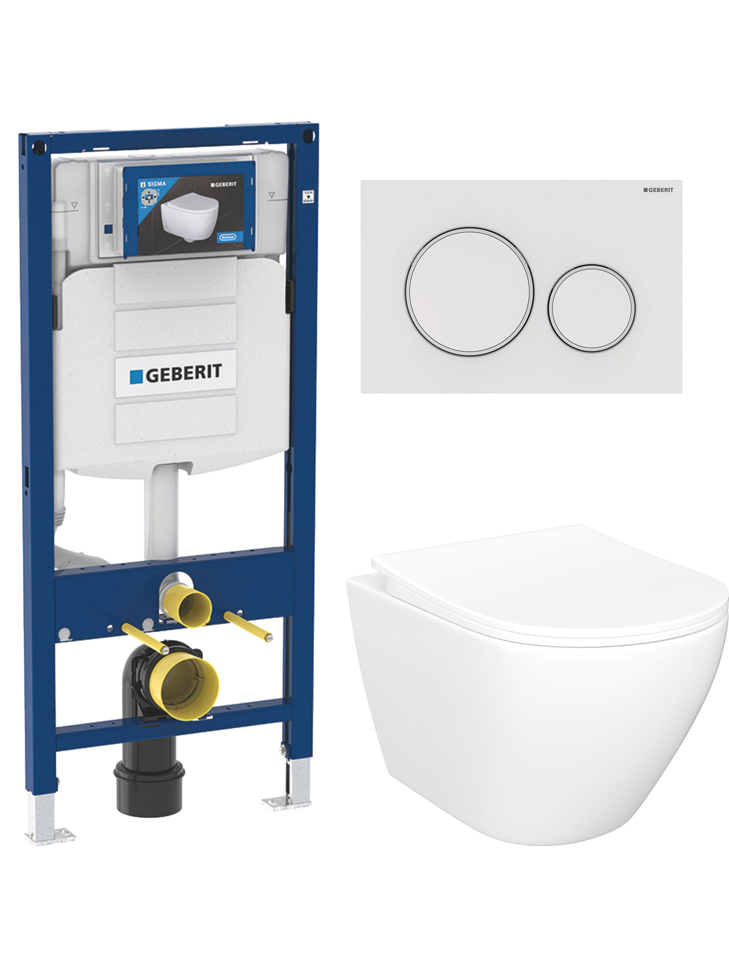 Комплект 4 в 1: Инсталляция Geberit Duofix UP 320 111.300.00.5 (111.950.00.6) + Унитаз подвесной STWORKI Кронборг S28401WH безободковый, с микролифтом + Комплект креплений + Кнопка Geberit Sigma 20 115.882.11.1, глянцевая белая