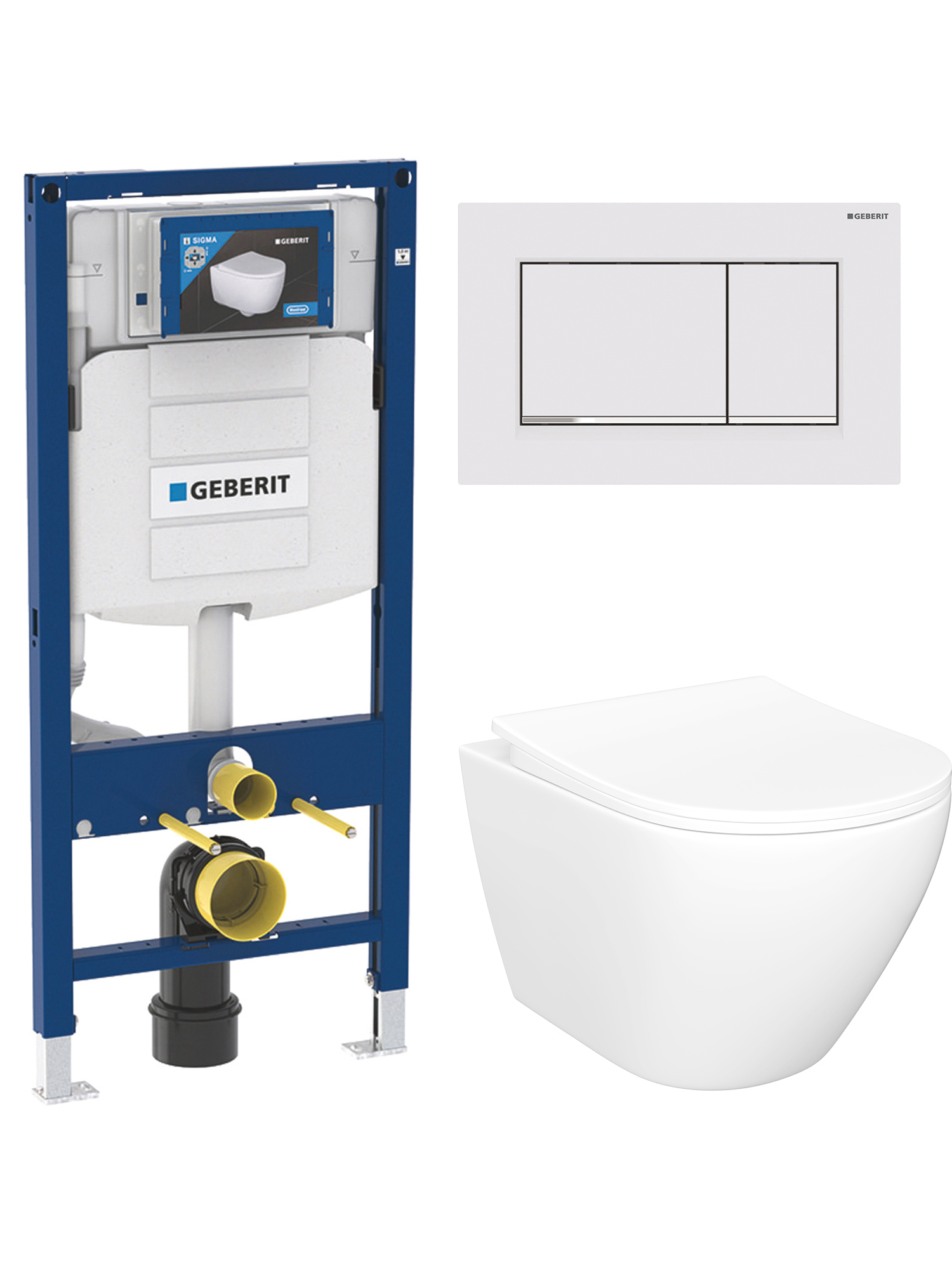 Комплект 4 в 1: Инсталляция Geberit Duofix UP 320 111.300.00.5 (111.950.00.6) + Унитаз подвесной STWORKI Кронборг S28401WH безободковый, с микролифтом + Комплект креплений + Кнопка Geberit Sigma 30 115.883.JT.1, матовая белая, глянцевый хром