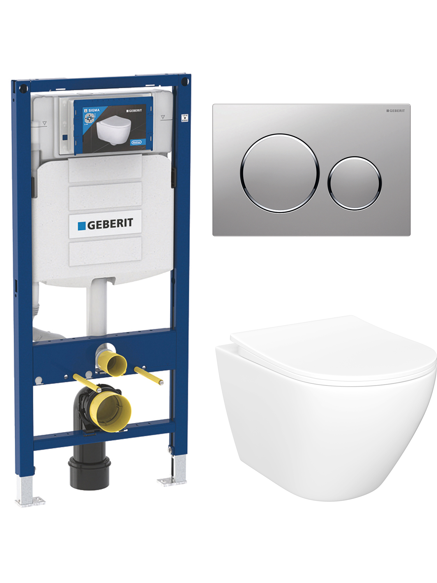 Комплект 4 в 1: Инсталляция Geberit Duofix UP 320 111.300.00.5 (111.950.00.6) + Унитаз подвесной STWORKI Кронборг S28401WH безободковый, с микролифтом + Комплект креплений + Кнопка Geberit Sigma 20 115.882.JQ.1, матовый хром, глянцевый хром