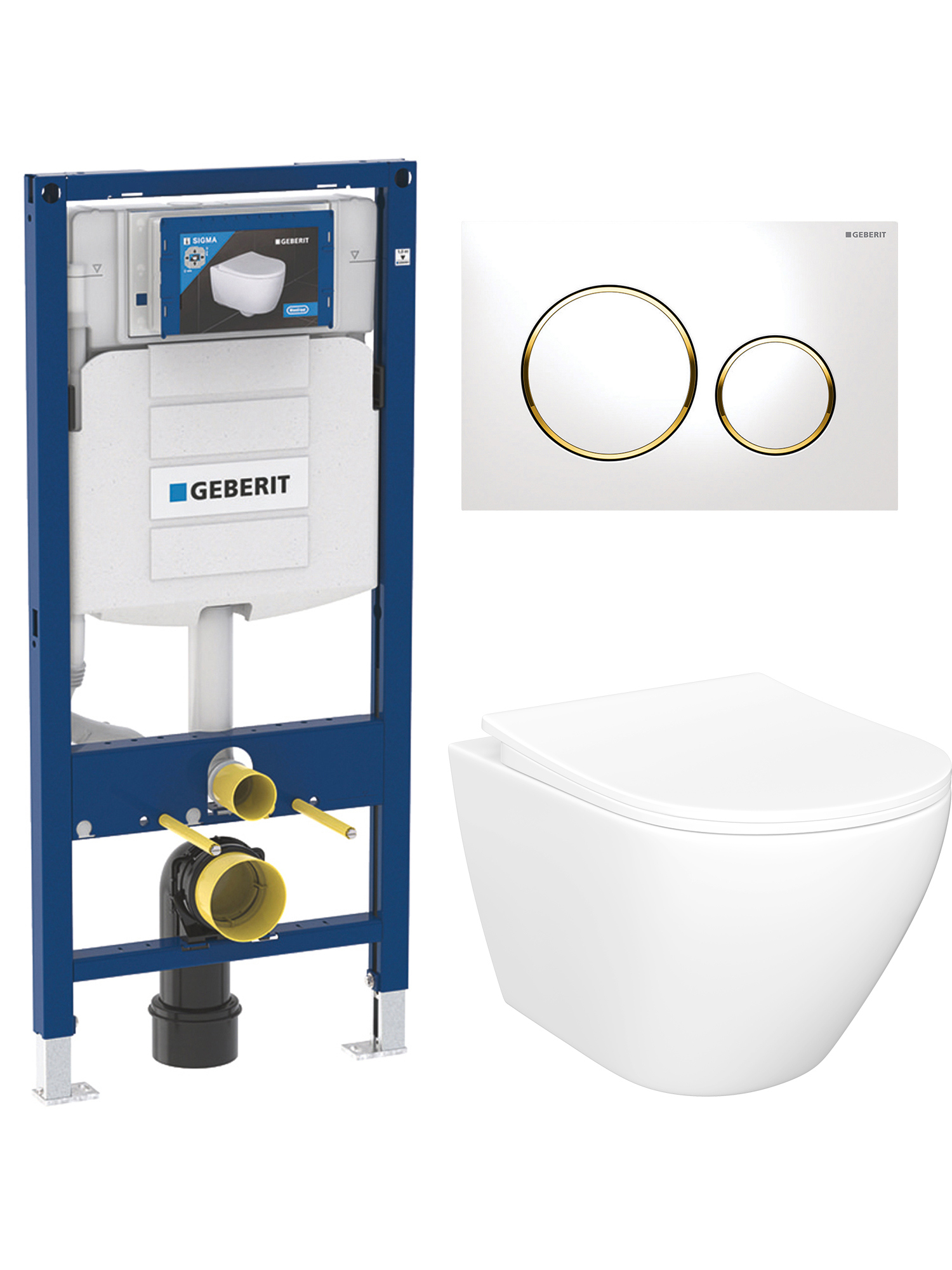 Комплект 4 в 1: Инсталляция Geberit Duofix UP 320 111.300.00.5 (111.950.00.6) + Унитаз подвесной STWORKI Кронборг S28401WH безободковый, с микролифтом + Комплект креплений + Кнопка Geberit Sigma 20 115.882.KK.1, белая, золото