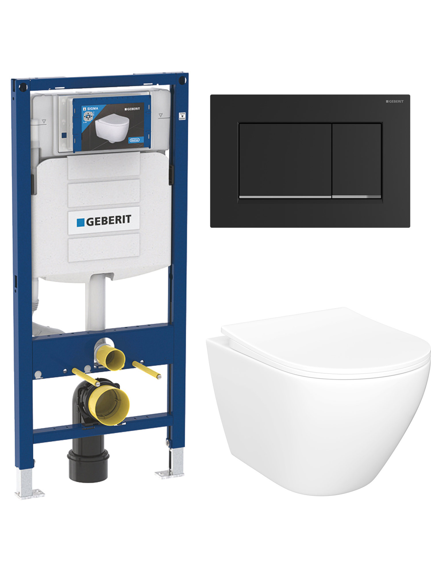 Комплект 4 в 1: Инсталляция Geberit Duofix UP 320 111.300.00.5 (111.950.00.6) + Унитаз подвесной STWORKI Кронборг S28401WH безободковый, с микролифтом + Комплект креплений + Кнопка Geberit Sigma 30 115.883.14.1, черный матовый лак, хром