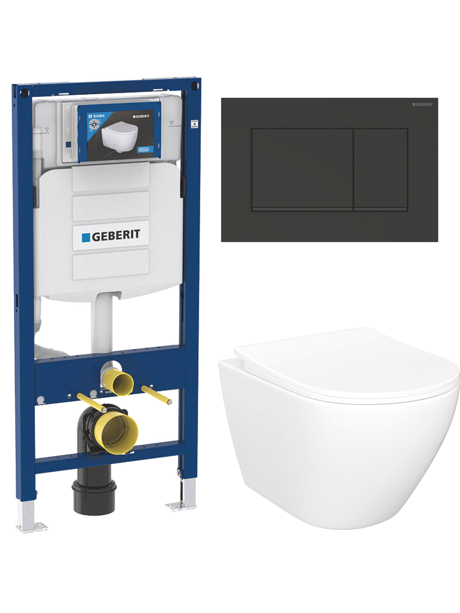 Комплект 4 в 1: Инсталляция Geberit Duofix UP 320 111.300.00.5 (111.950.00.6) + Унитаз подвесной STWORKI Кронборг S28401WH безободковый, с микролифтом + Комплект креплений + Кнопка Geberit Sigma 30 115.883.16.1, черный матовый лак