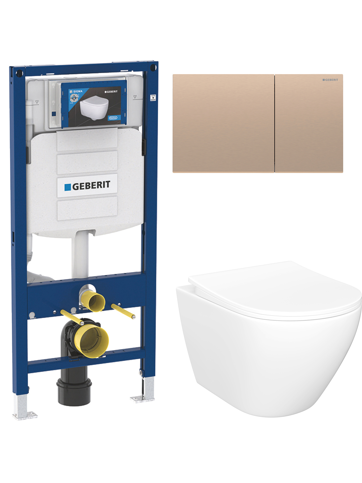 Комплект 4 в 1: Инсталляция Geberit Duofix UP 320 111.300.00.5 (111.950.00.6) + Унитаз подвесной STWORKI Кронборг S28401WH безободковый, с микролифтом + Комплект креплений + Кнопка Geberit Sigma 70, красное золото