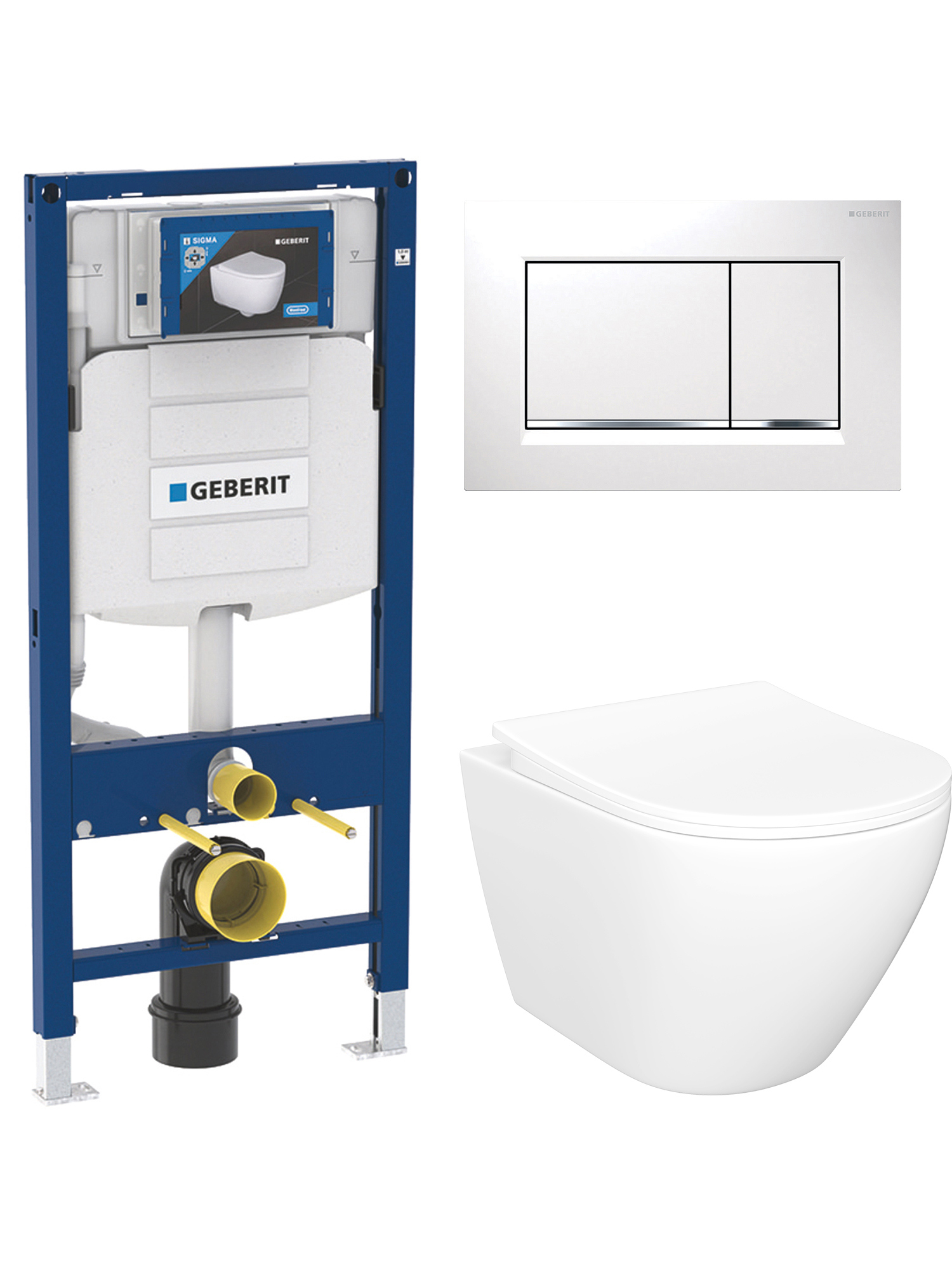 Комплект 4 в 1: Инсталляция Geberit Duofix UP 320 111.300.00.5 (111.950.00.6) + Унитаз подвесной STWORKI Кронборг S28401WH безободковый, с микролифтом + Комплект креплений + Кнопка Geberit Sigma 30 115.883.KJ.1, белая, глянцевый хром