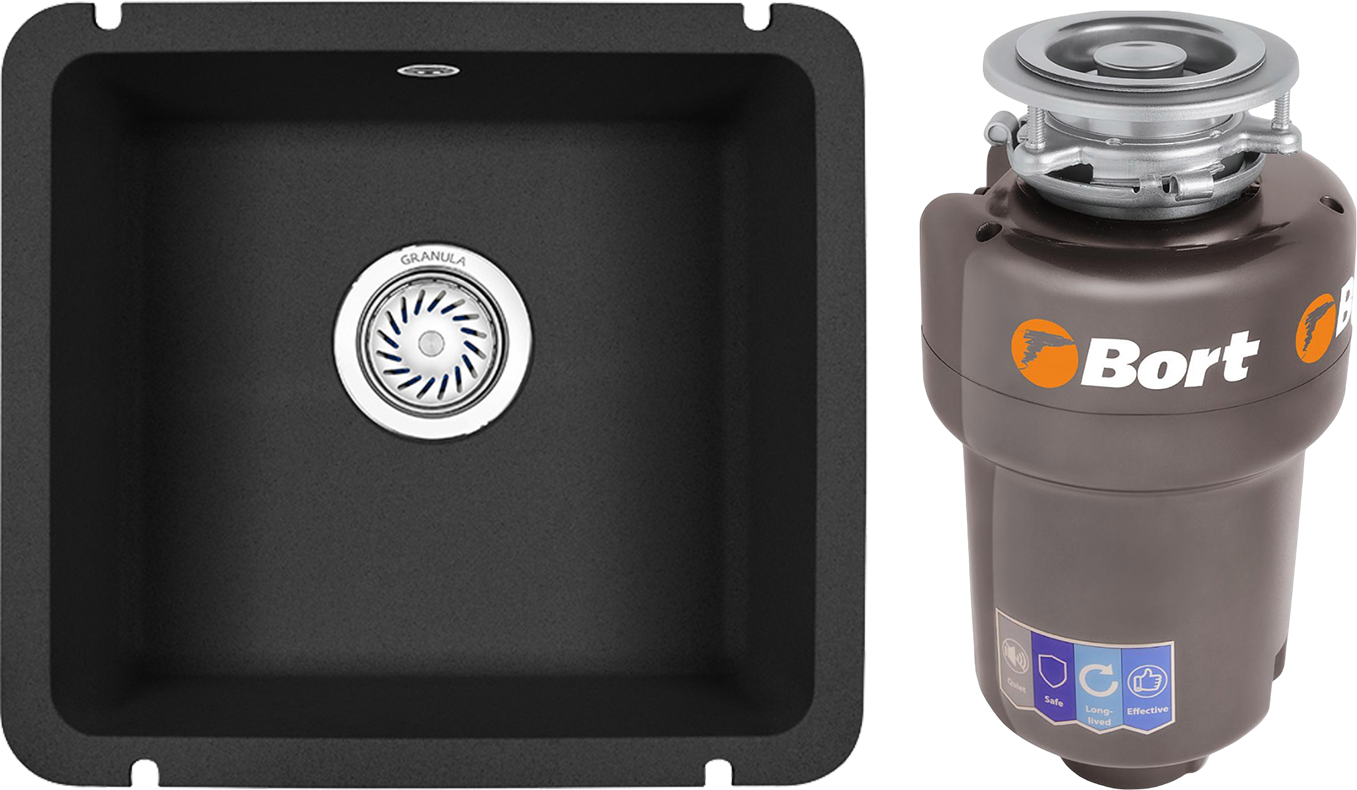 Комплект Мойка Granula 3601, черный + Измельчитель Bort Titan 5000