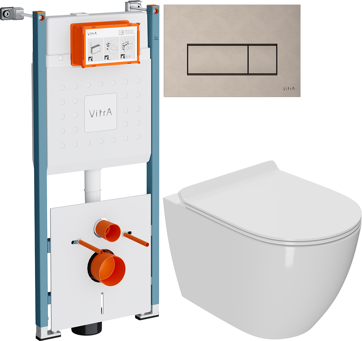 Комплект 3 в 1 Унитаз подвесной Bauedge Bau Dream + Инсталляция VitrA Ви-Фикс Кор (V-Fix Core) 732-5800-01PV + Кнопка Рут Скуэр (Root Square) 740-2395 цвет никель