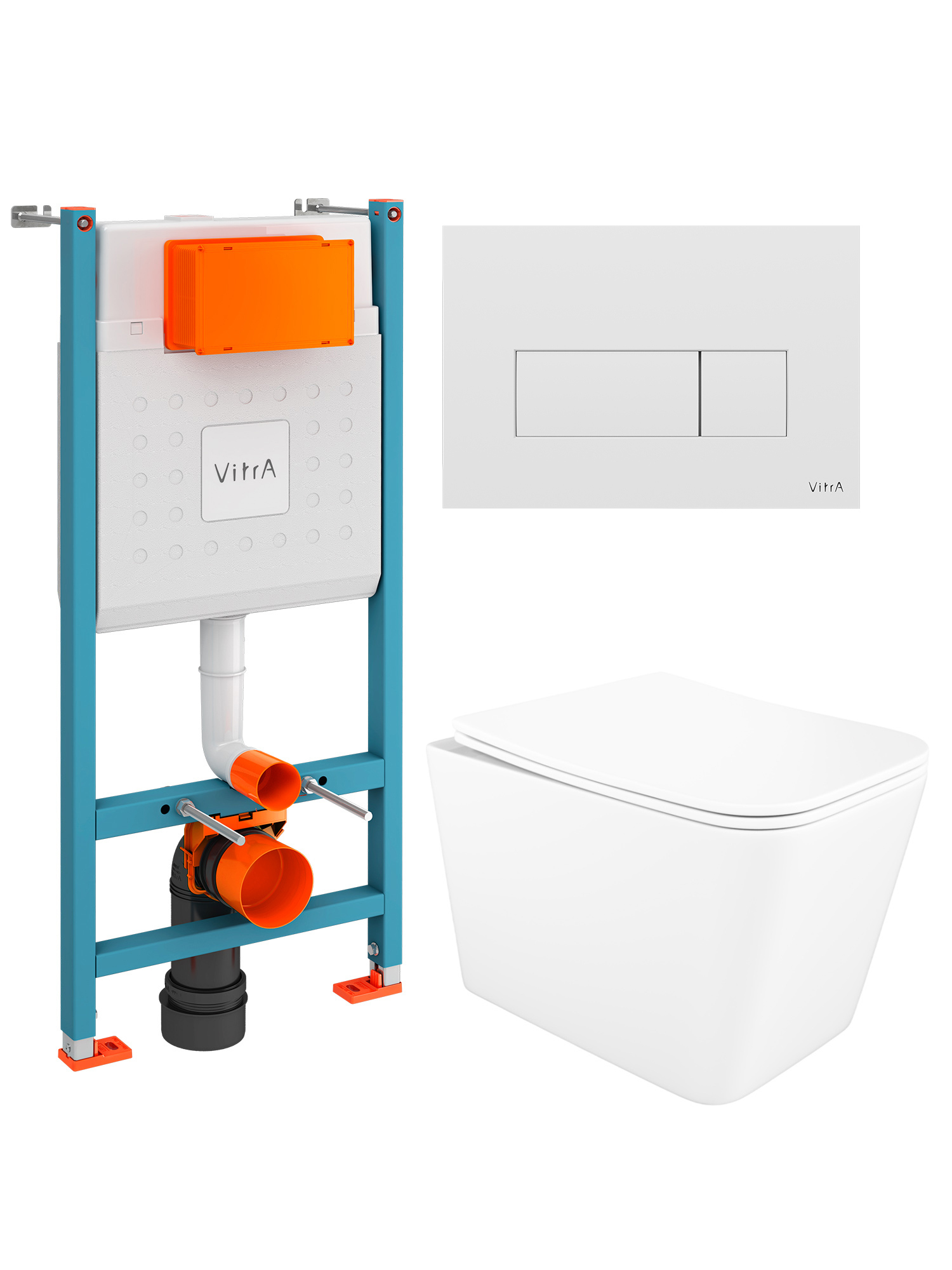 Комплект 5 в 1: Инсталляция VitrA Ви-Фикс Кор (V-Fix Core) 732-5800-01 + Унитаз подвесной STWORKI Молде S23401WH + Сиденье с микролифтом + Кнопка Рут Скуэр (Root Square) 740-2300, глянцевая белая + Комплект креплений