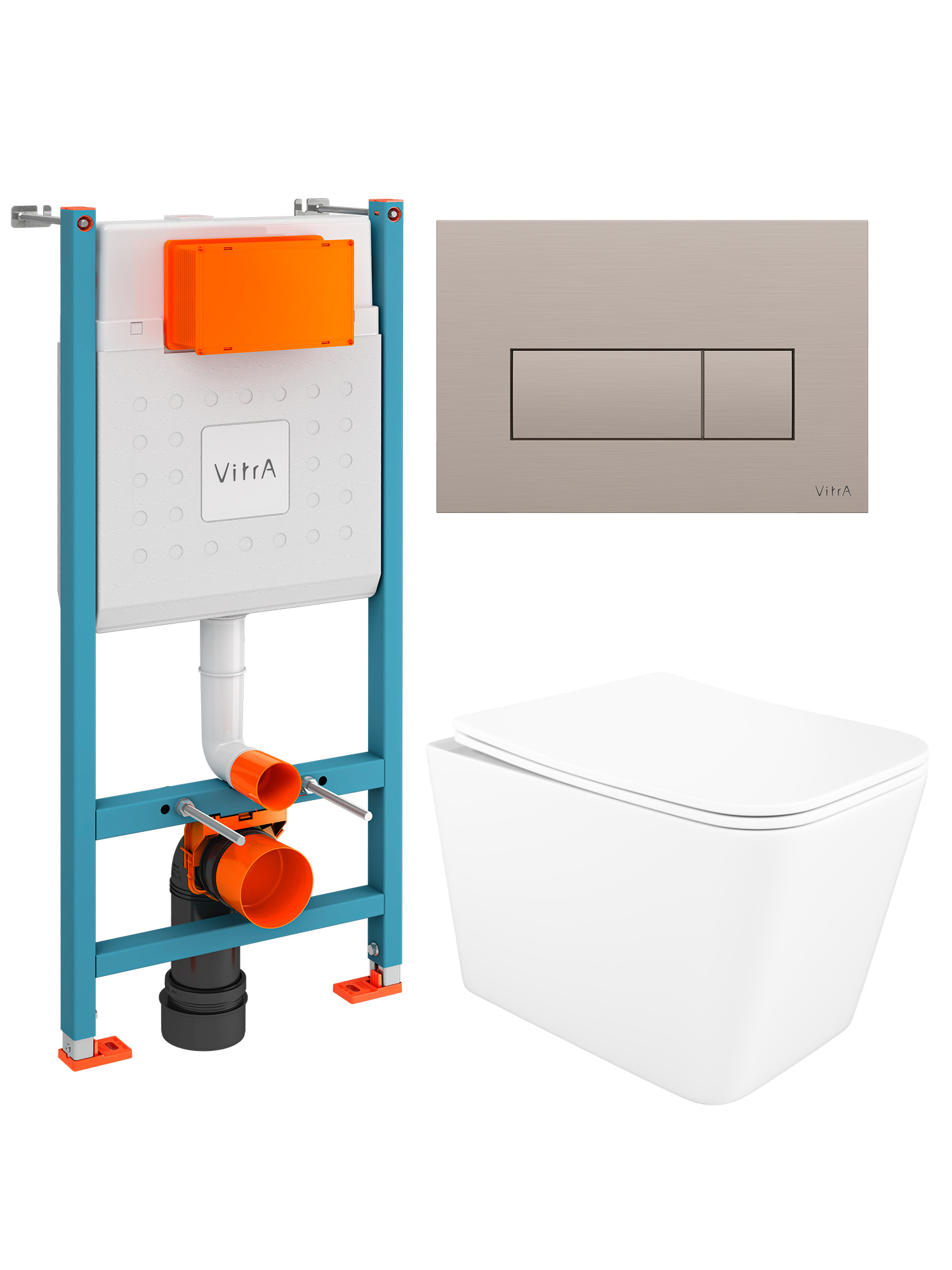 Комплект 5 в 1: Инсталляция VitrA Ви-Фикс Кор (V-Fix Core) 732-5800-01 + Унитаз подвесной STWORKI Молде S23401WH + Сиденье с микролифтом + Кнопка Рут Скуэр (Root Square) 740-2395, никель + Комплект креплений