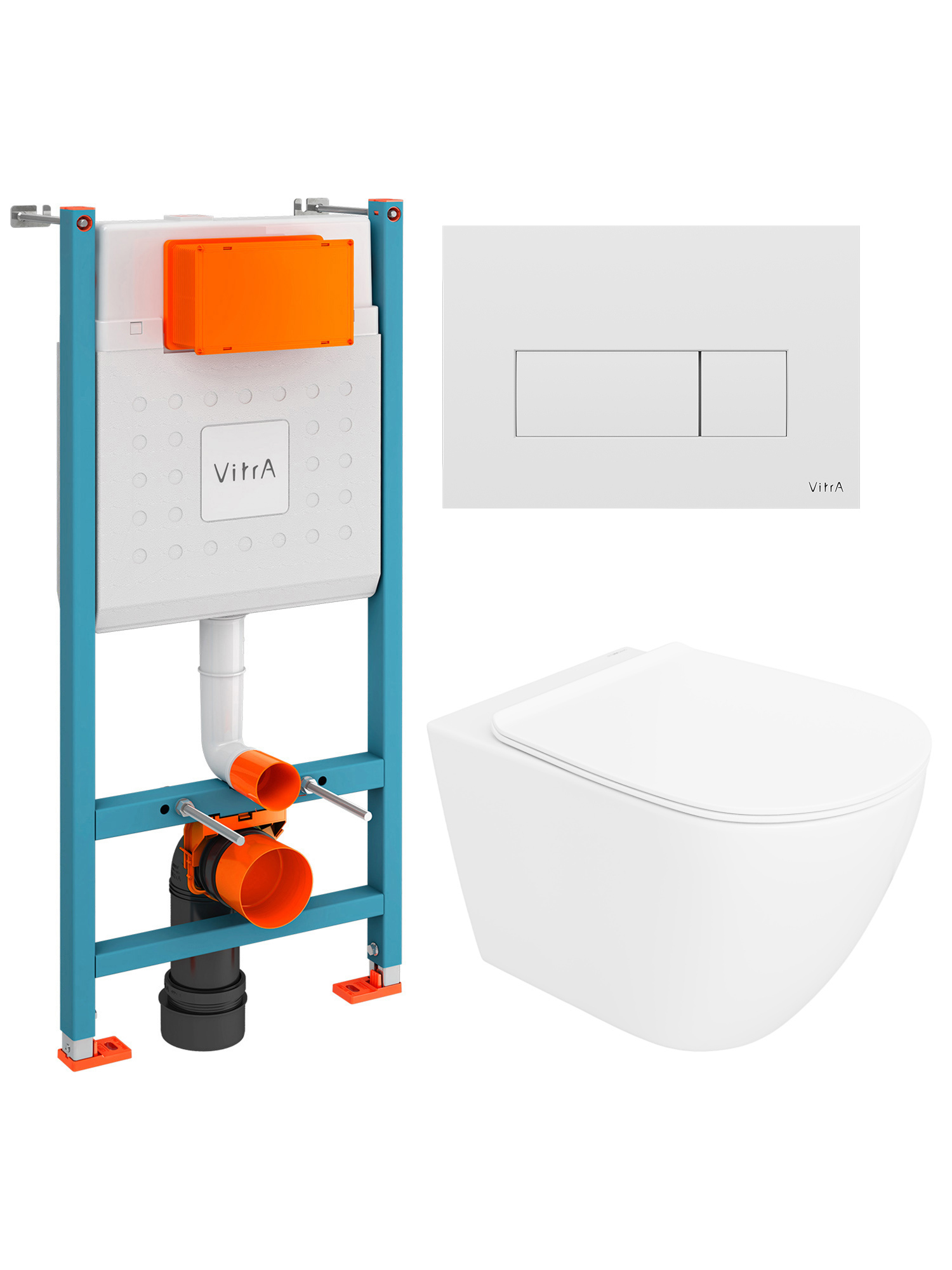 Комплект 4 в 1: Инсталляция VitrA Ви-Фикс Кор (V-Fix Core) 732-5800-01 + Унитаз подвесной STWORKI Готланд S13401WH безободковый, с микролифтом + Кнопка Рут Скуэр (Root Square) 740-2300, глянцевая белая + Комплект креплений