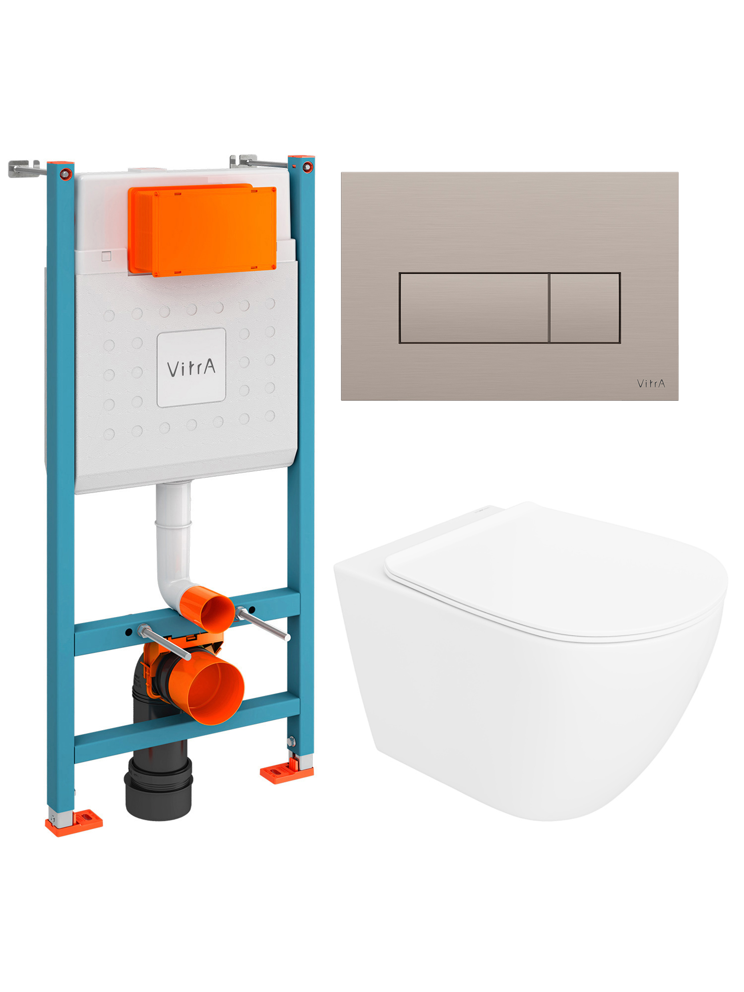 Комплект 4 в 1: Инсталляция VitrA Ви-Фикс Кор (V-Fix Core) 732-5800-01 + Унитаз подвесной STWORKI Готланд S13401WH безободковый, с микролифтом + Кнопка Рут Скуэр (Root Square) 740-2395, никель + Комплект креплений