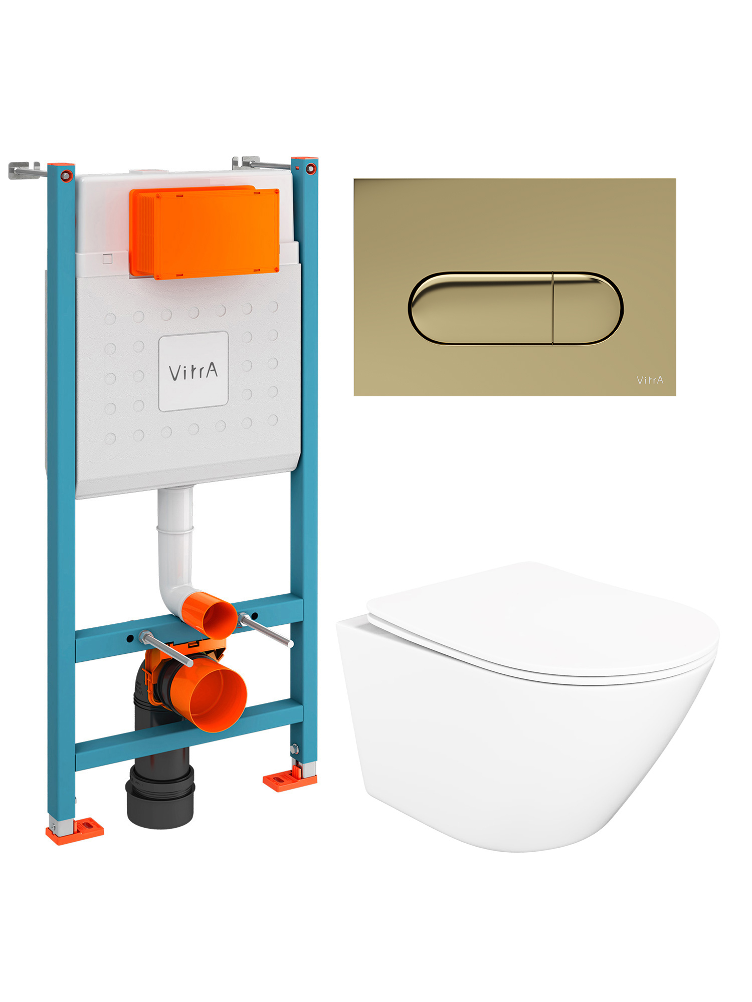 Комплект 4 в 1: Инсталляция VitrA Ви-Фикс Кор (V-Fix Core) 732-5800-01 + Унитаз подвесной STWORKI Левангер S07401WH безободковый, с микролифтом + Кнопка Рут Раунд (Root Round) 740-2224, золото глянец + Комплект креплений