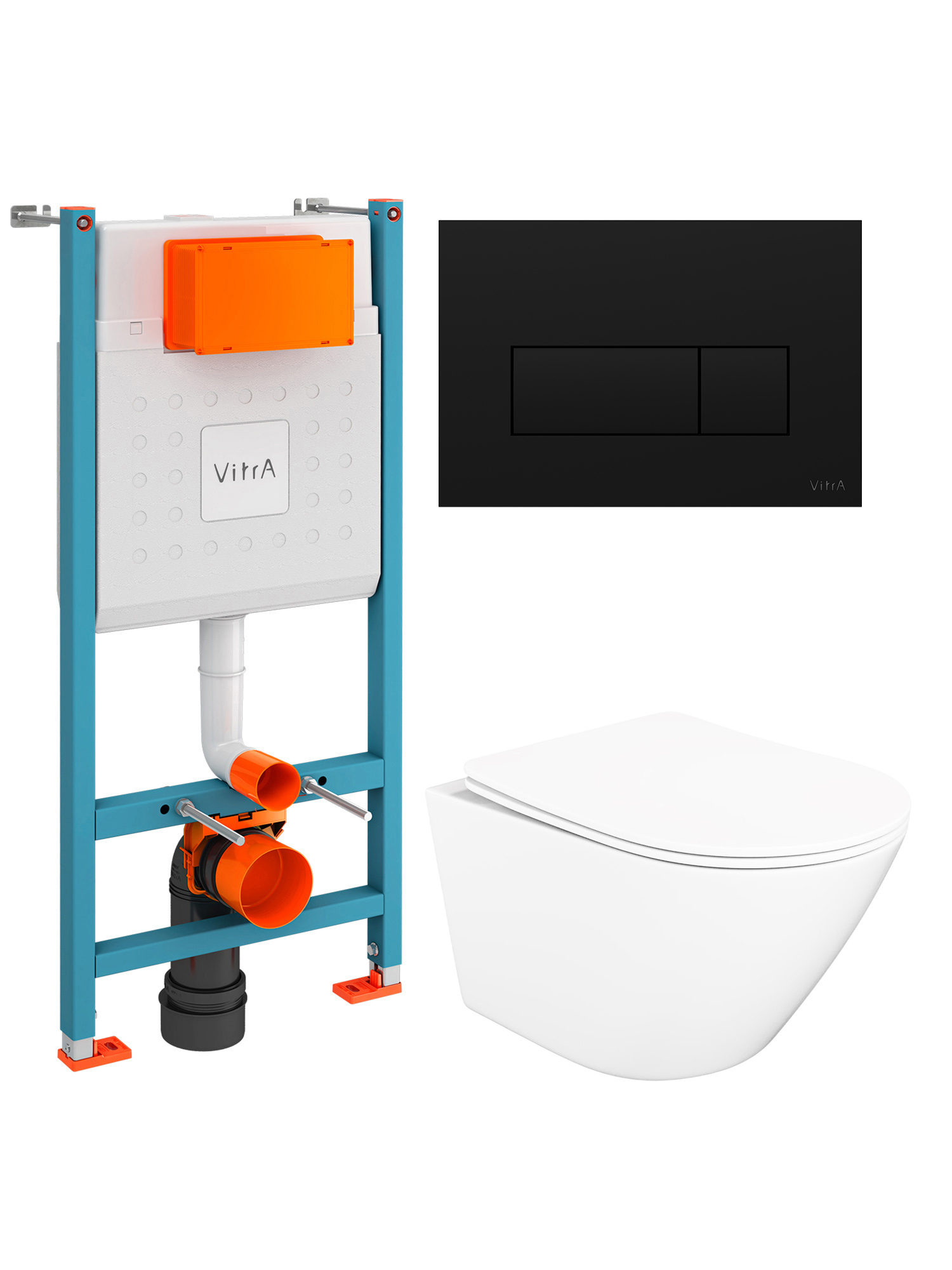 Комплект 4 в 1: Инсталляция VitrA Ви-Фикс Кор (V-Fix Core) 732-5800-01 + Унитаз подвесной STWORKI Левангер S07401WH безободковый, с микролифтом + Кнопка Рут Скуэр (Root Square) 740-2311, матовая черная + Комплект креплений