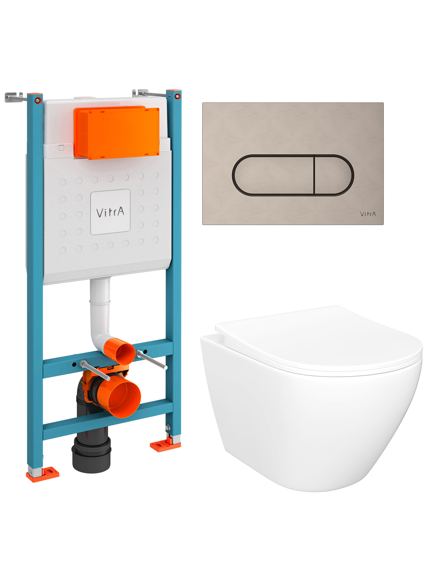 Комплект 4 в 1: Инсталляция VitrA Ви-Фикс Кор (V-Fix Core) 732-5800-01 + Унитаз подвесной STWORKI Кронборг S28401WH безободковый, с микролифтом + Кнопка Рут Раунд (Root Round) 740-2295, никель + Комплект креплений