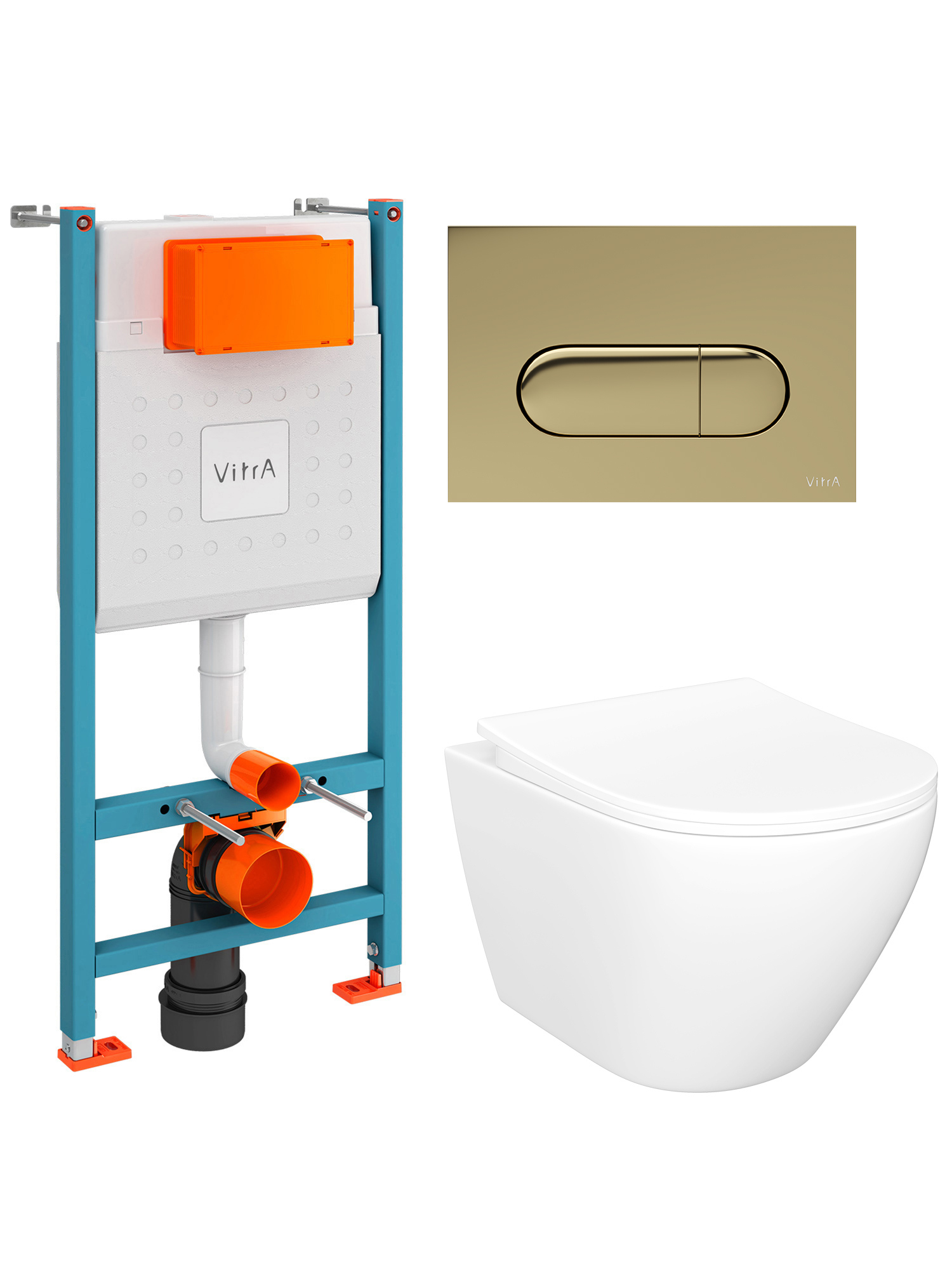 Комплект 4 в 1: Инсталляция VitrA Ви-Фикс Кор (V-Fix Core) 732-5800-01 + Унитаз подвесной STWORKI Кронборг S28401WH безободковый, с микролифтом + Кнопка Рут Раунд (Root Round) 740-2224, золото глянец + Комплект креплений