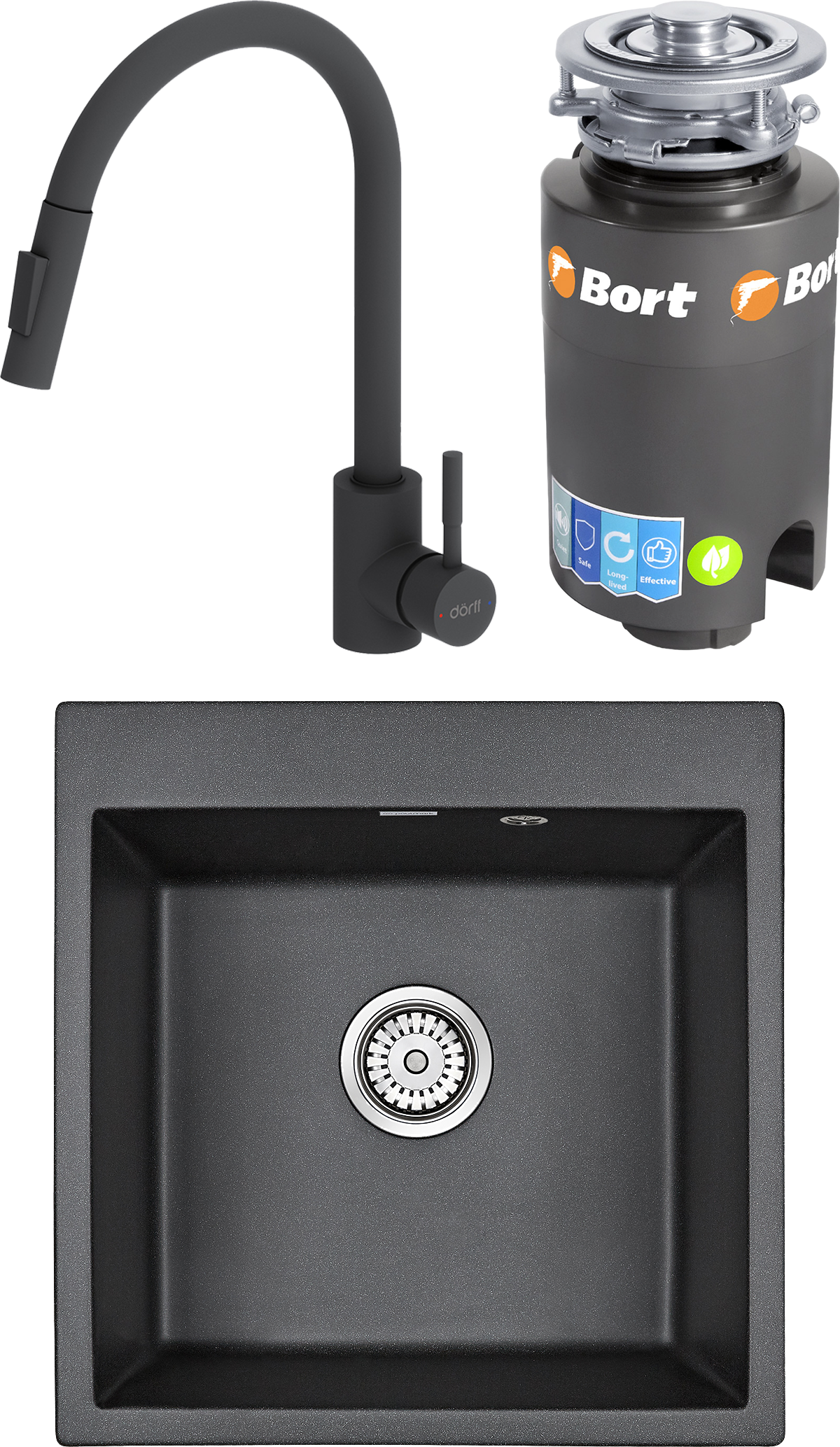 Комплект Мойка Paulmark Kante PM105152-BL + Смеситель Dorff Logic D3007522 + Измельчитель Bort Titan 91275769
