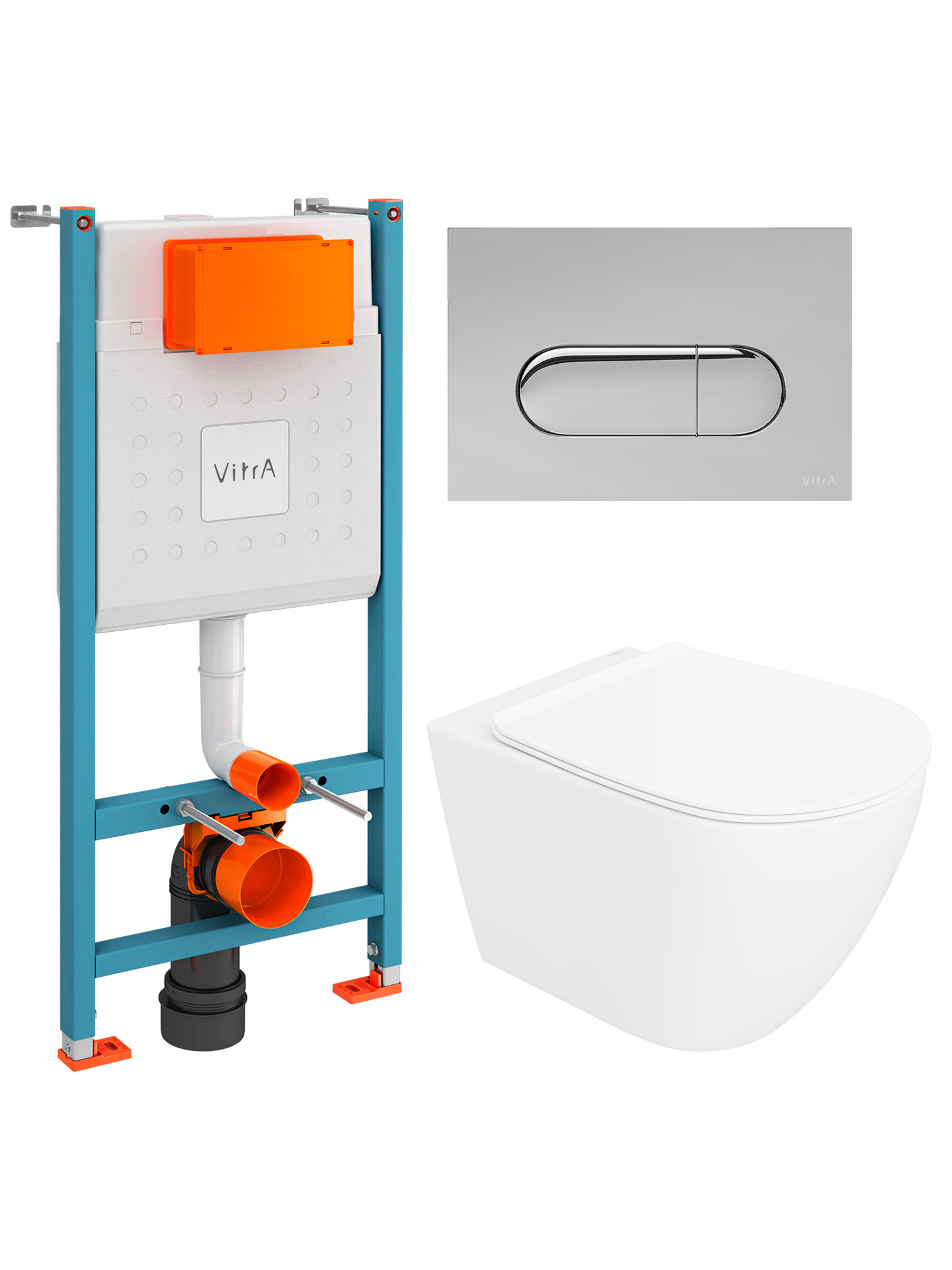 Комплект 4 в 1: Инсталляция VitrA Ви-Фикс Кор (V-Fix Core) 732-5800-01 + Унитаз подвесной STWORKI Готланд S13401WH безободковый, с микролифтом + Кнопка Рут Раунд (Root Round) 740-2280, хром + Комплект креплений