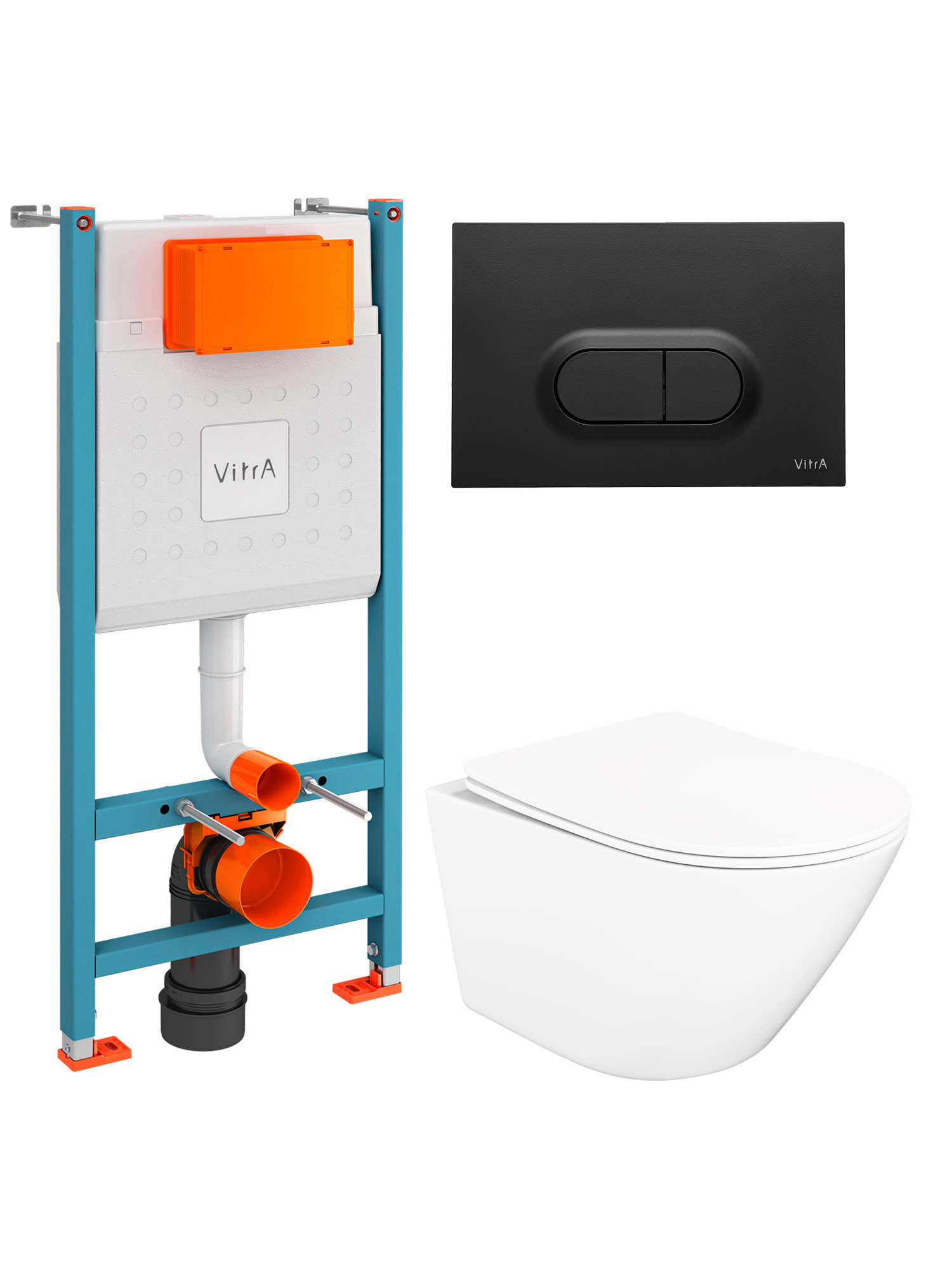 Комплект 4 в 1: Инсталляция VitrA Ви-Фикс Кор (V-Fix Core) 732-5800-01 + Унитаз подвесной STWORKI Левангер S07401WH безободковый, с микролифтом + Кнопка Луп О (Loop O) 740-0511, матовая черная + Комплект креплений