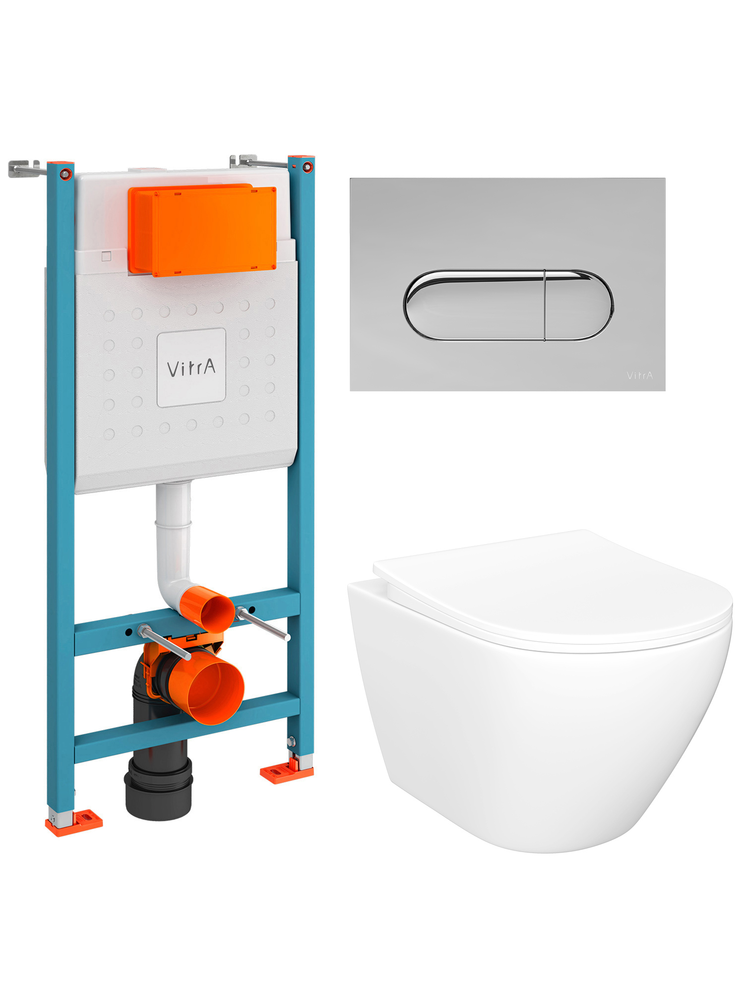 Комплект 4 в 1: Инсталляция VitrA Ви-Фикс Кор (V-Fix Core) 732-5800-01 + Унитаз подвесной STWORKI Кронборг S28401WH безободковый, с микролифтом + Кнопка Рут Раунд (Root Round) 740-2280, хром + Комплект креплений