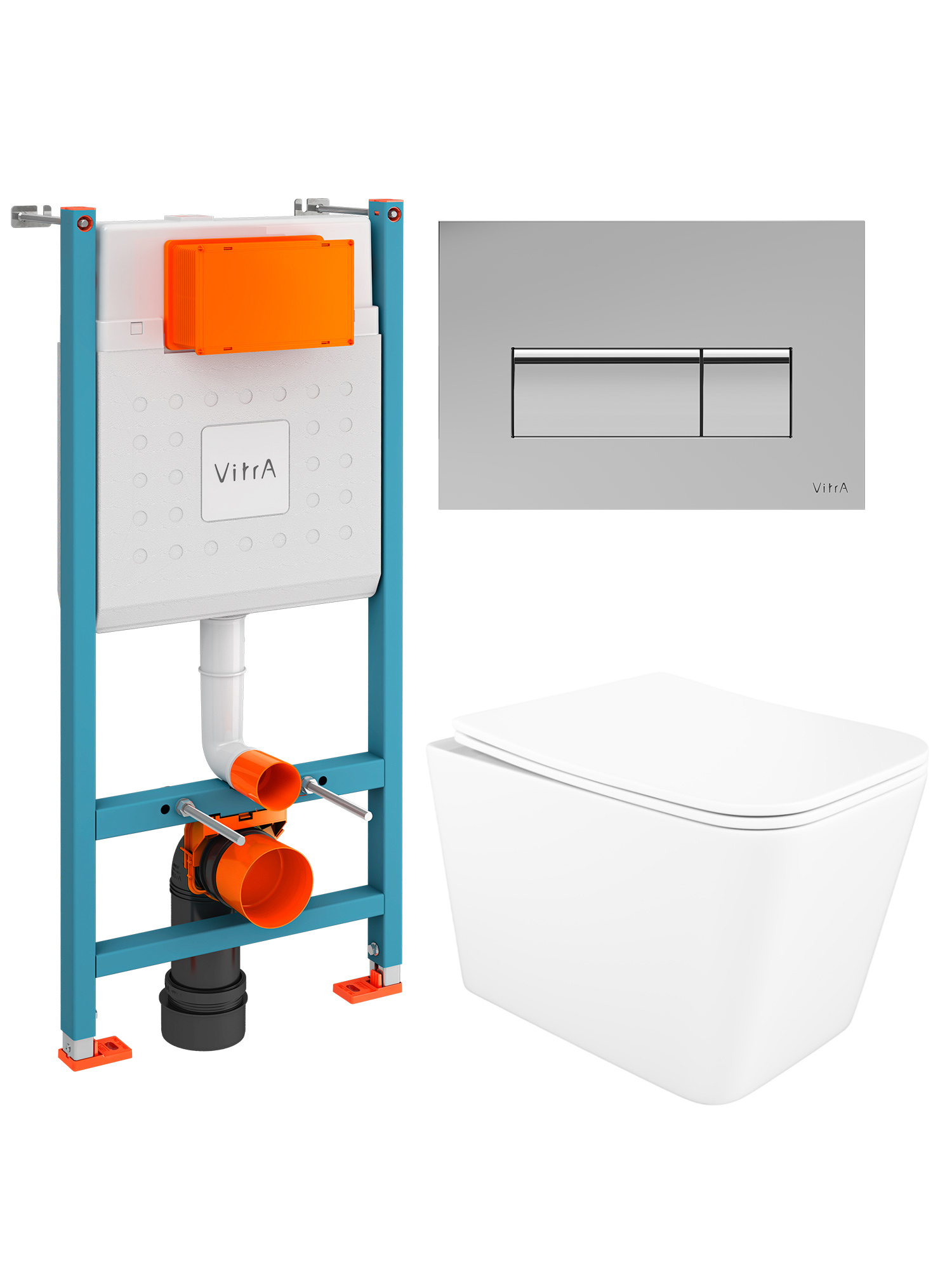 Комплект 5 в 1: Инсталляция VitrA Ви-Фикс Кор (V-Fix Core) 732-5800-01 + Унитаз подвесной STWORKI Молде S23401WH + Сиденье с микролифтом + Кнопка Рут Скуэр (Root Square) 740-2380, хром + Комплект креплений