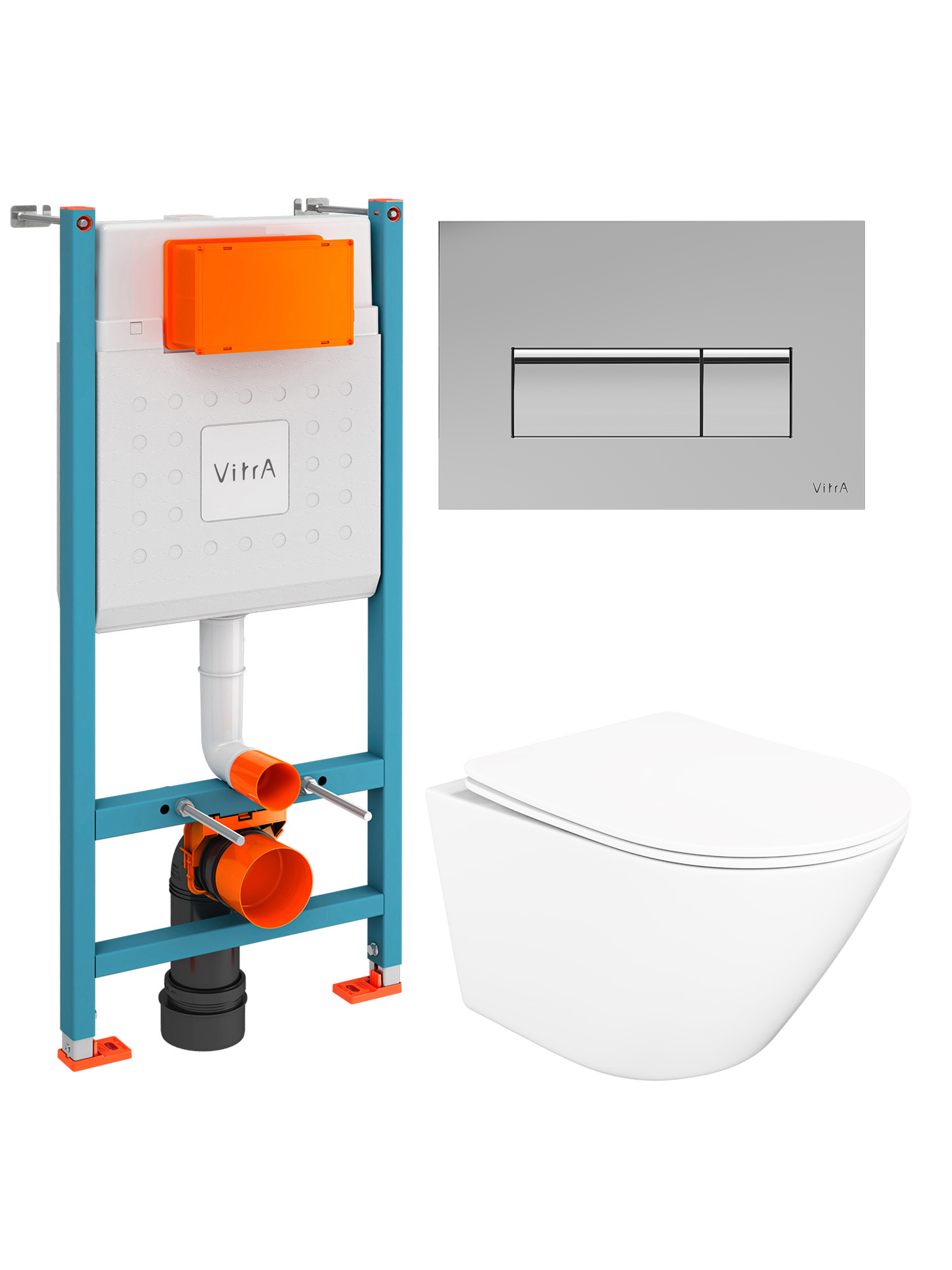 Комплект 4 в 1: Инсталляция VitrA Ви-Фикс Кор (V-Fix Core) 732-5800-01 + Унитаз подвесной STWORKI Левангер S07401WH безободковый, с микролифтом + Кнопка Рут Скуэр (Root Square) 740-2380, хром + Комплект креплений