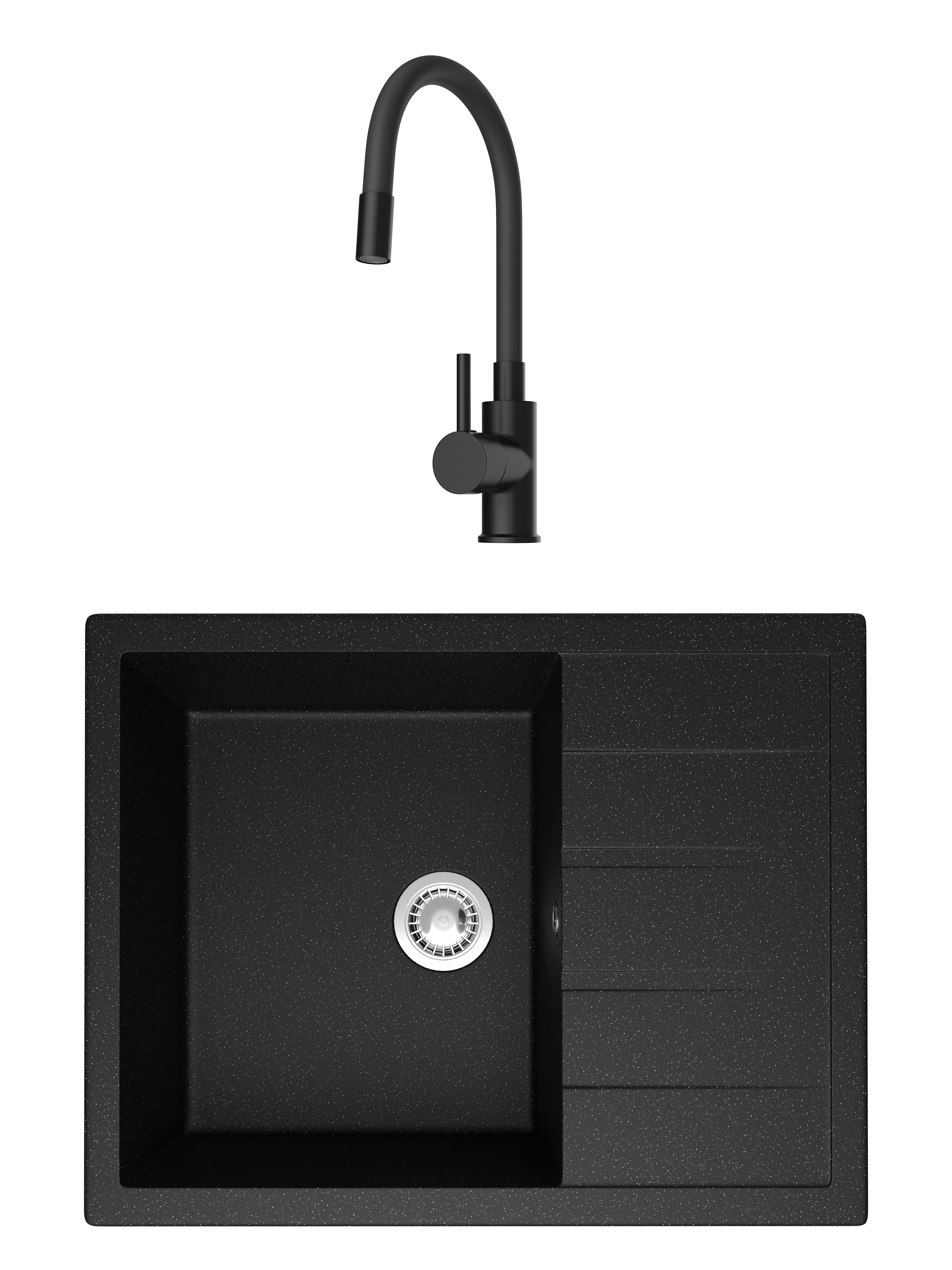 Комплект Мойка Domaci Болонья М-151-002, черная + Смеситель Равенна DMC01150BK, с гибким изливом, матовый черный