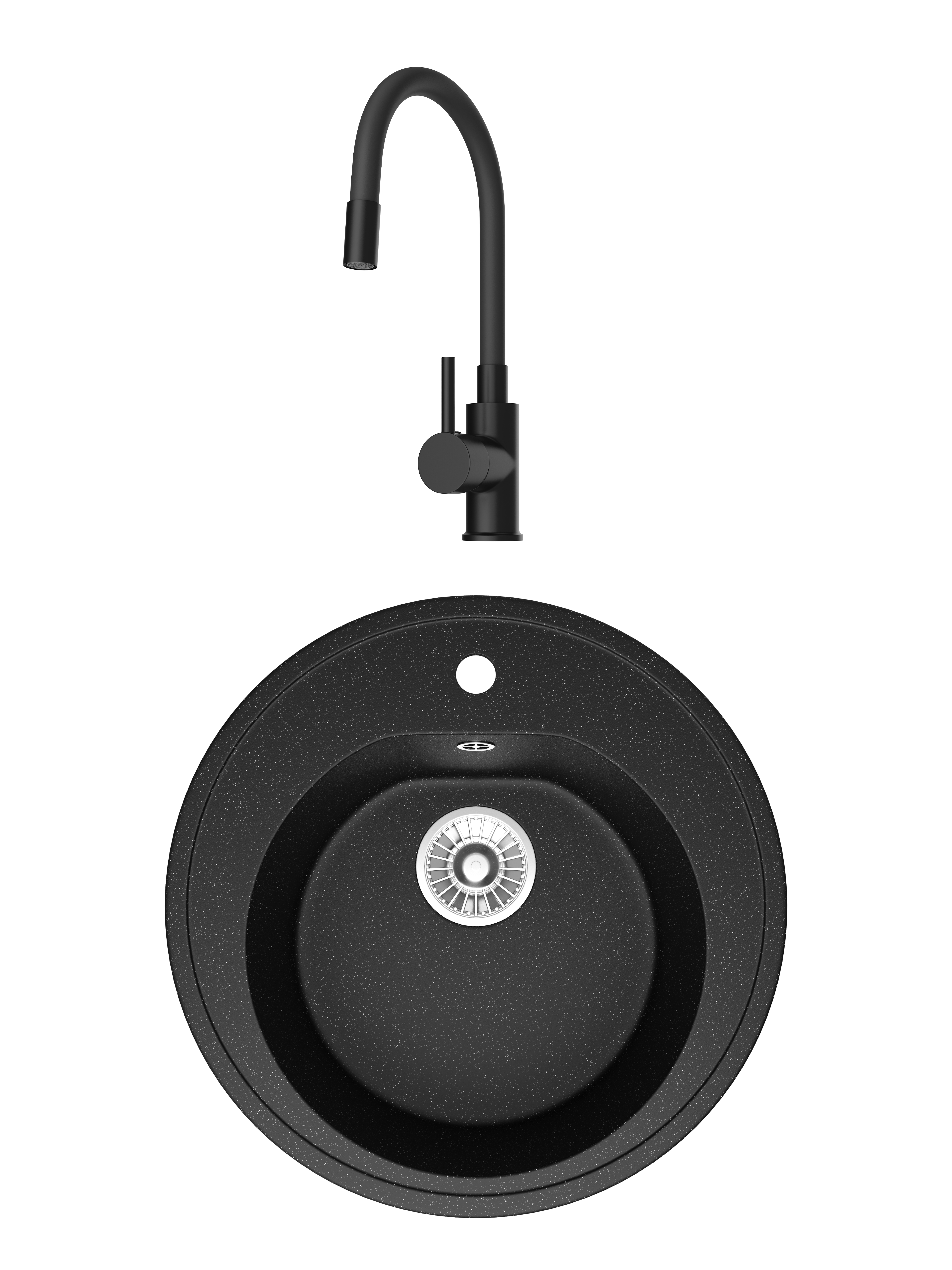 Комплект Мойка Domaci Болонья М-03-002, черная + Смеситель Равенна DMC01150BK, с гибким изливом, матовый черный