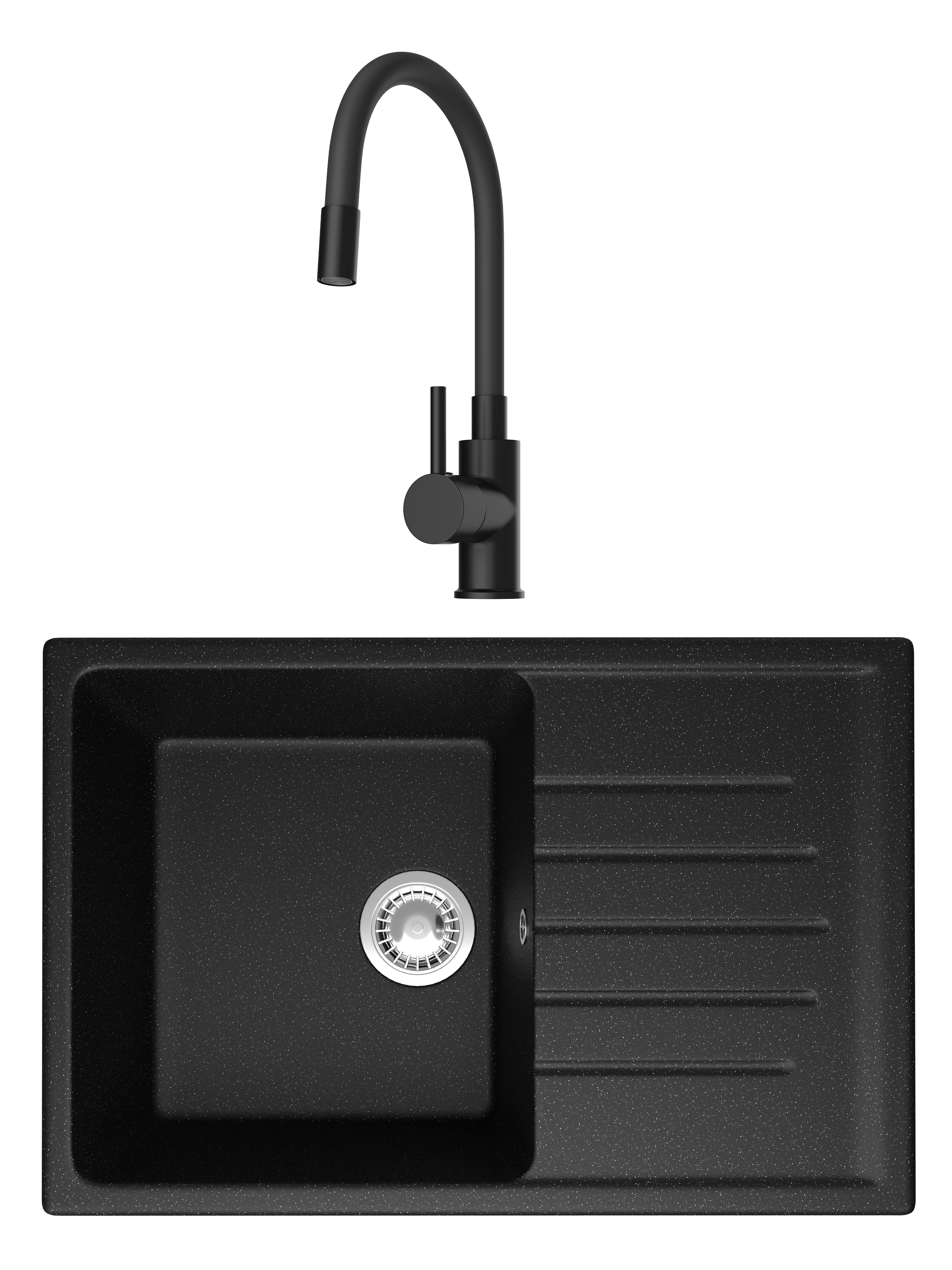 Комплект Мойка Domaci Болонья М-16-002, черная + Смеситель Равенна DMC01150BK, с гибким изливом, матовый черный