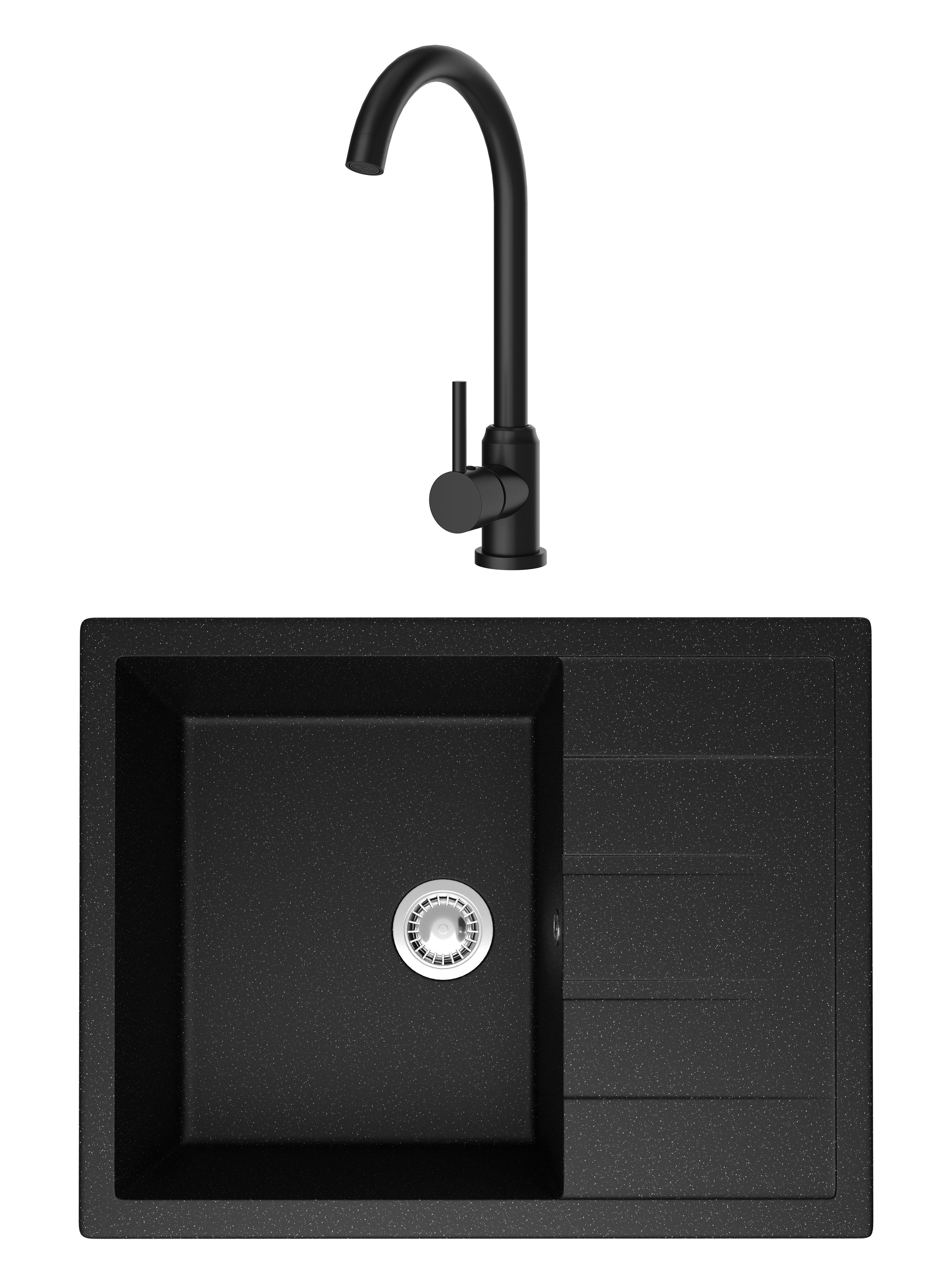 Комплект Мойка Domaci Болонья М-151-002, черная + Смеситель Ливорно DMC02000BK, матовый черный