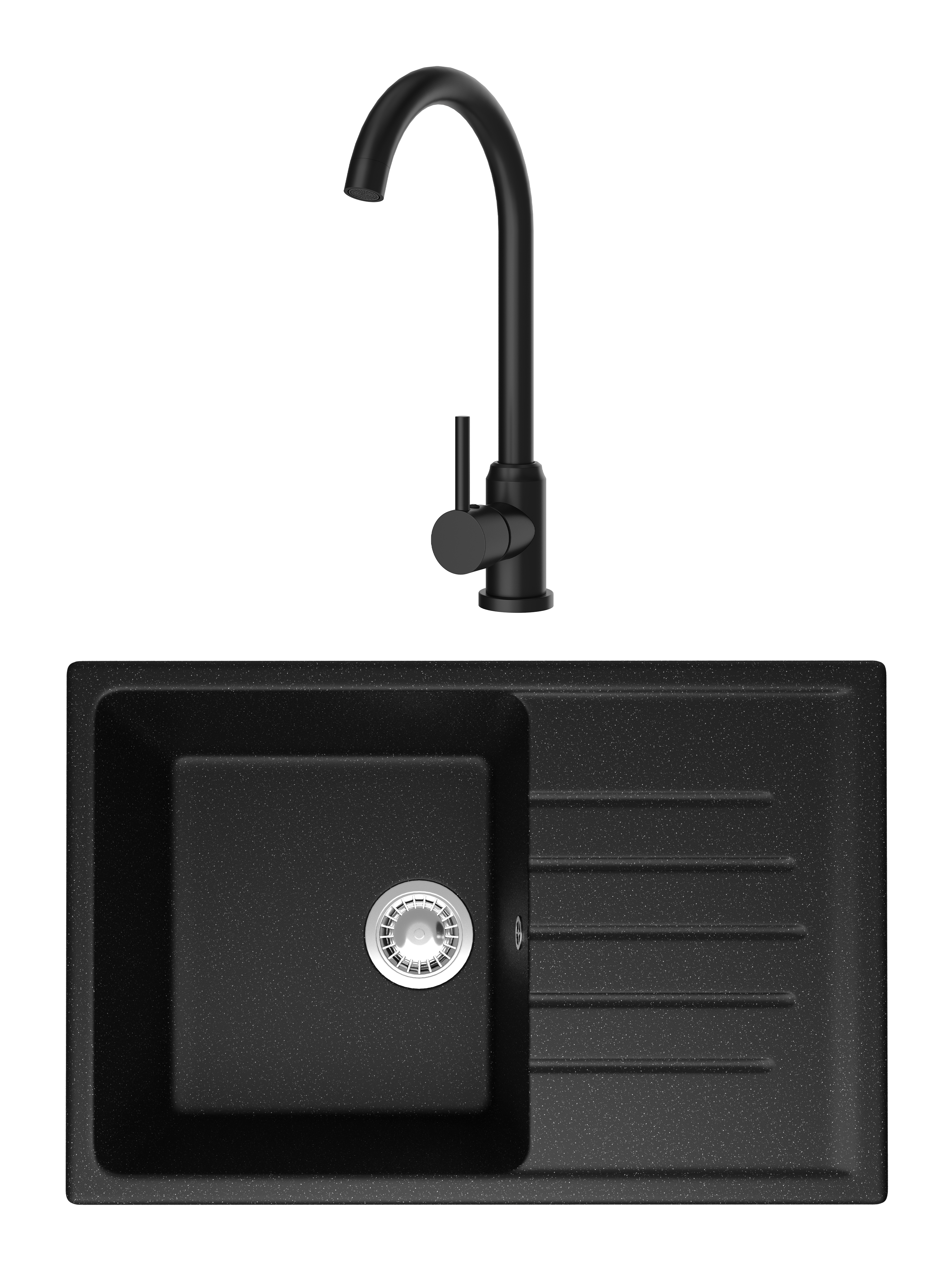 Комплект Мойка Domaci Болонья М-16-002, черная + Смеситель Ливорно DMC02000BK, матовый черный