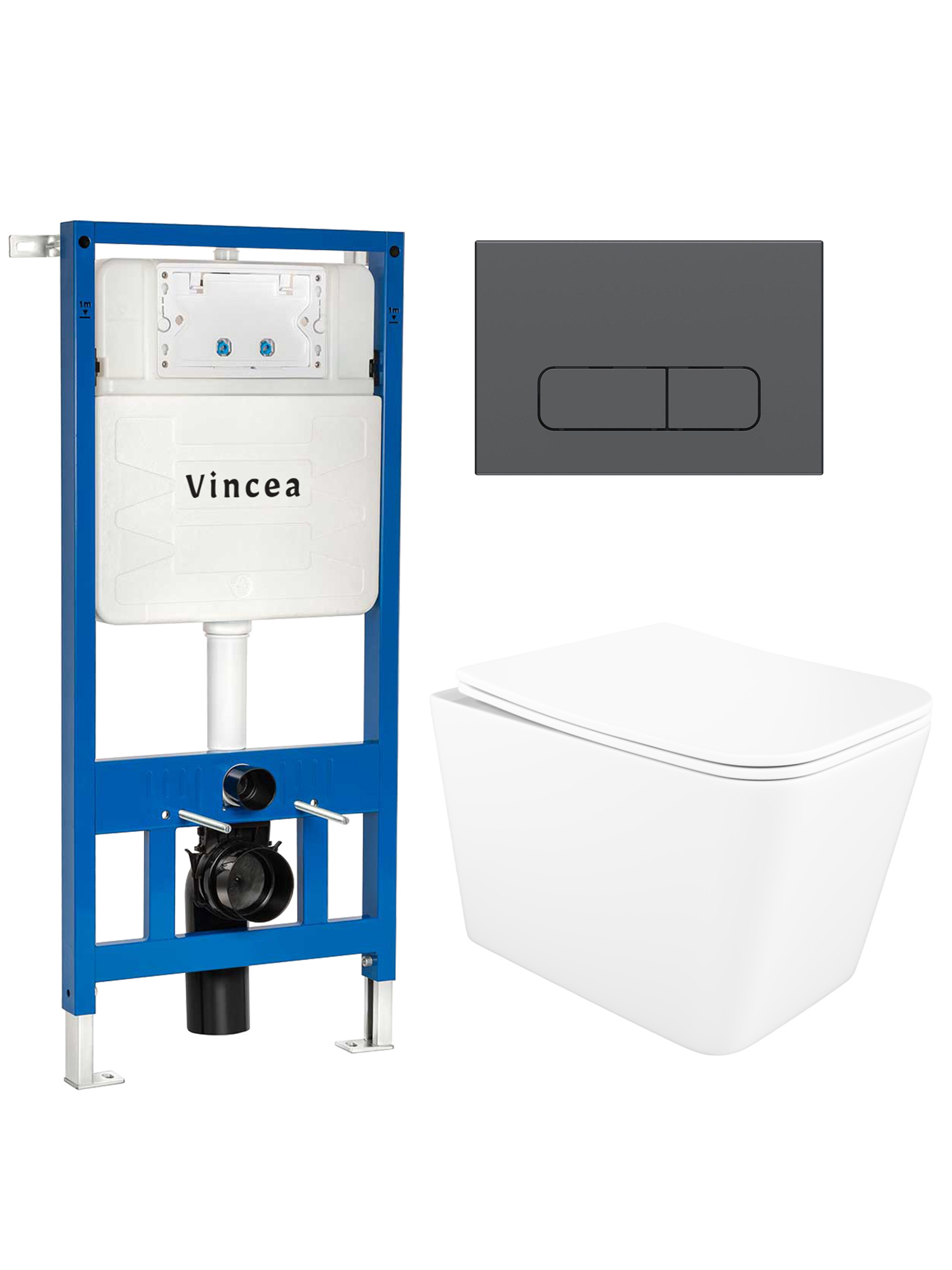Комплект 5 в 1: Инсталляция Vincea VIS-601 + Унитаз подвесной STWORKI Молде S23401WH + Сиденье с микролифтом + Кнопка VFP-002GM, вороненая сталь + Комплект креплений