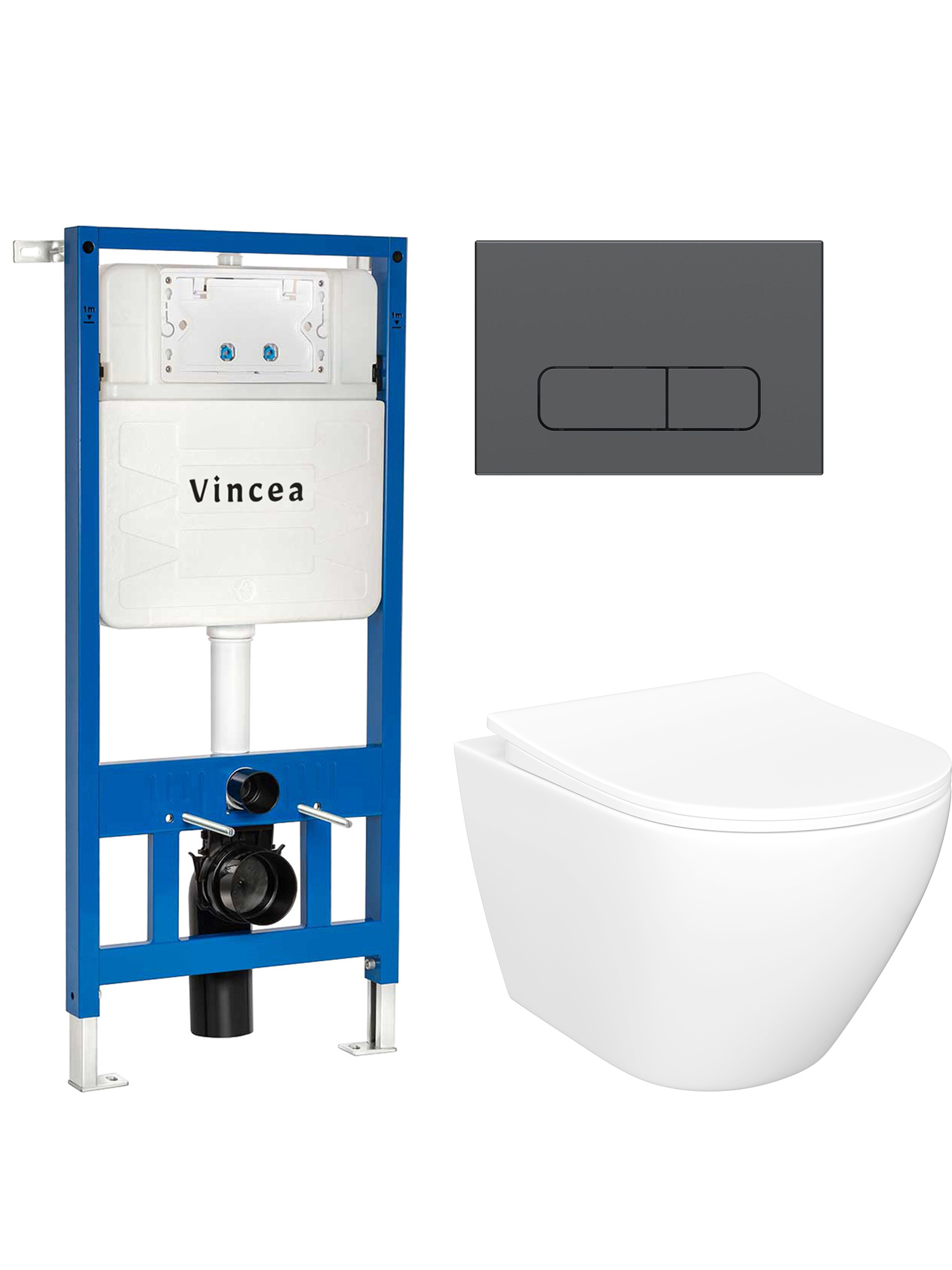 Комплект 4 в 1: Инсталляция Vincea VIS-601 + Унитаз подвесной STWORKI Кронборг S28401WH безободковый, с микролифтом + Кнопка VFP-002GM, вороненая сталь + Комплект креплений