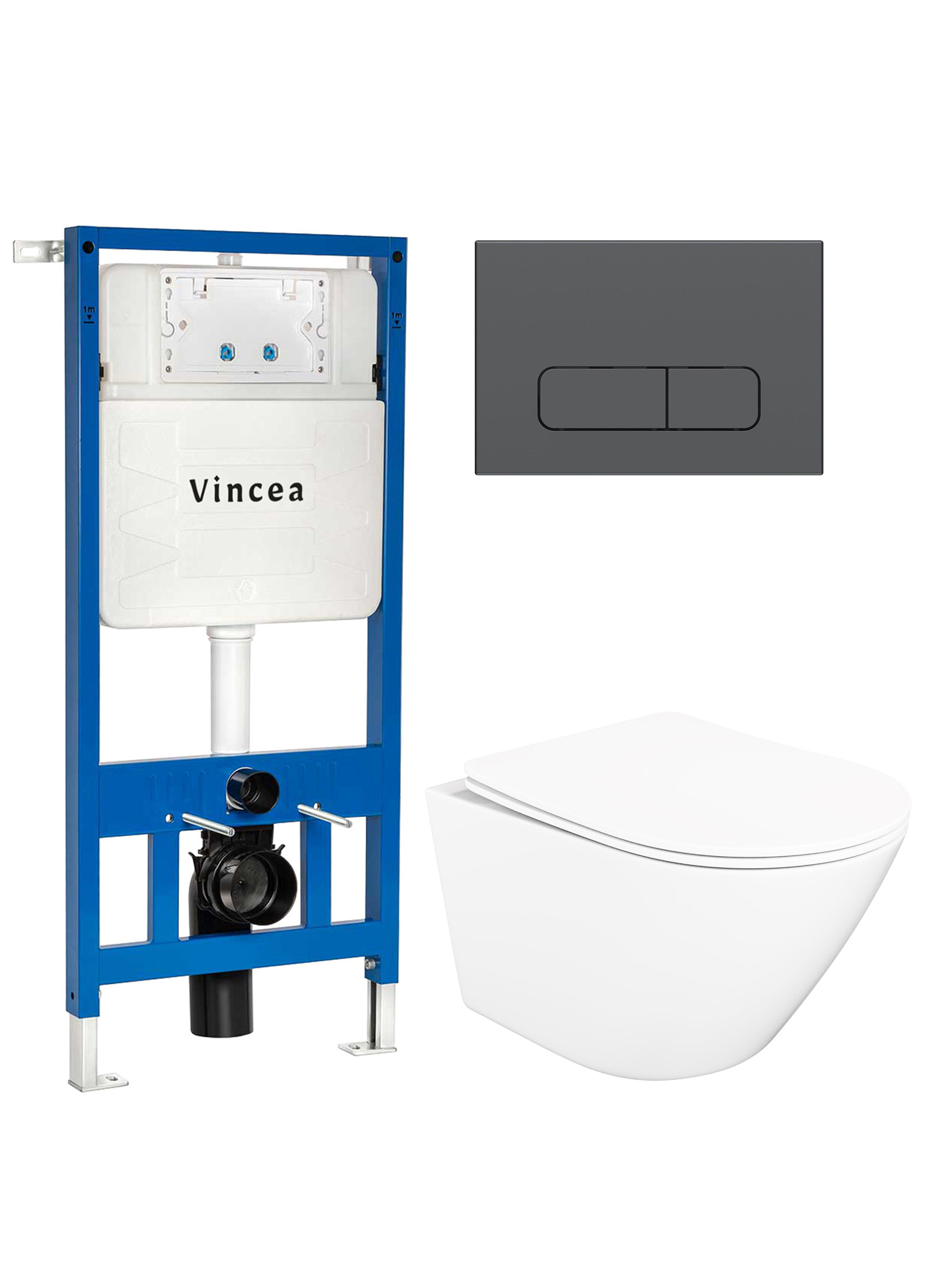 Комплект 4 в 1: Инсталляция Vincea VIS-601 + Унитаз подвесной STWORKI Левангер S07401WH безободковый, с микролифтом + Кнопка VFP-002GM, вороненая сталь + Комплект креплений