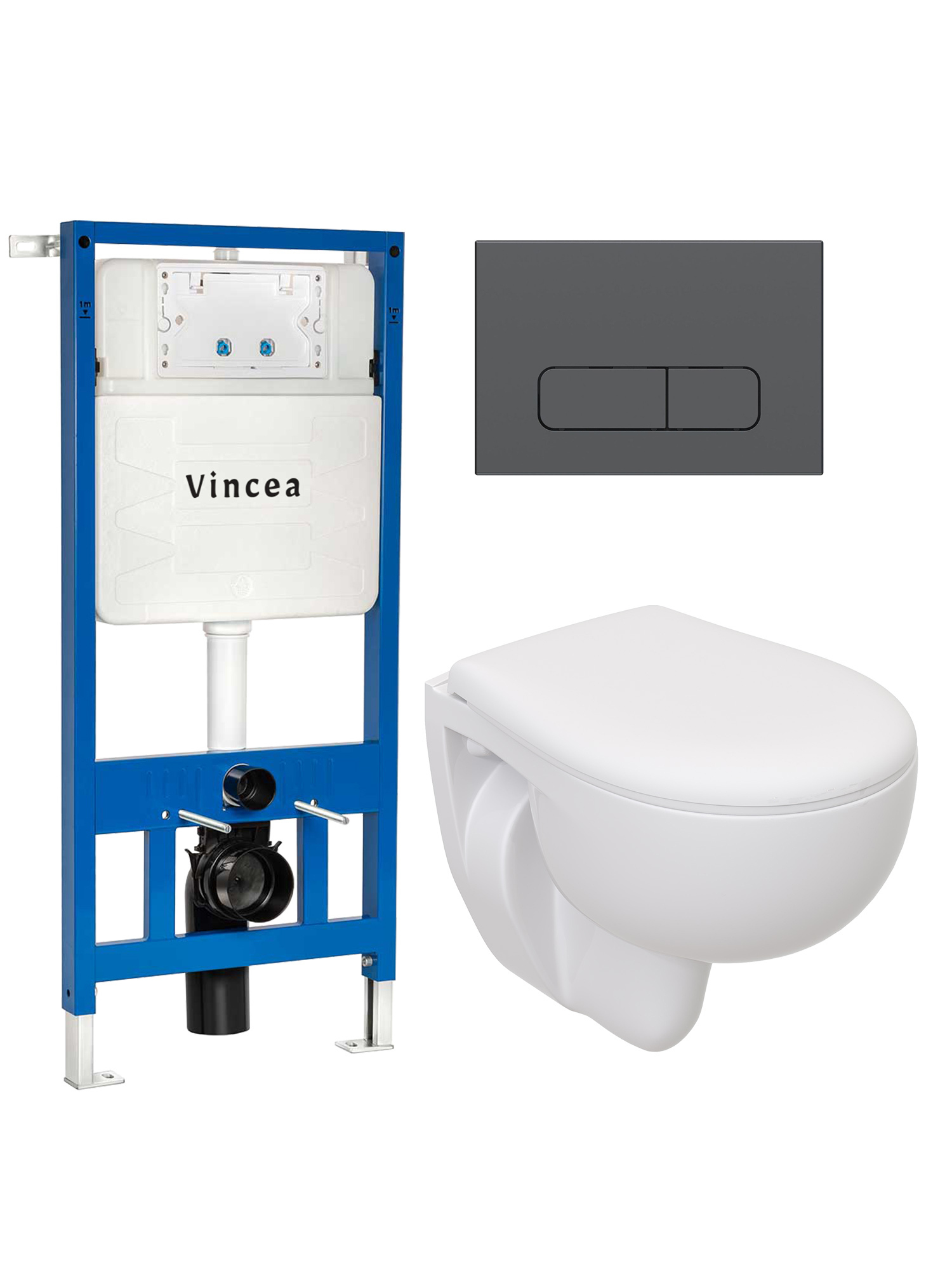 Комплект 4 в 1 Унитаз подвесной Seramiksan Natura A051041H + Сиденье AG50002 + Инсталляция Vincea VIS-601 + Кнопка VFP-002GM цвет вороненая сталь