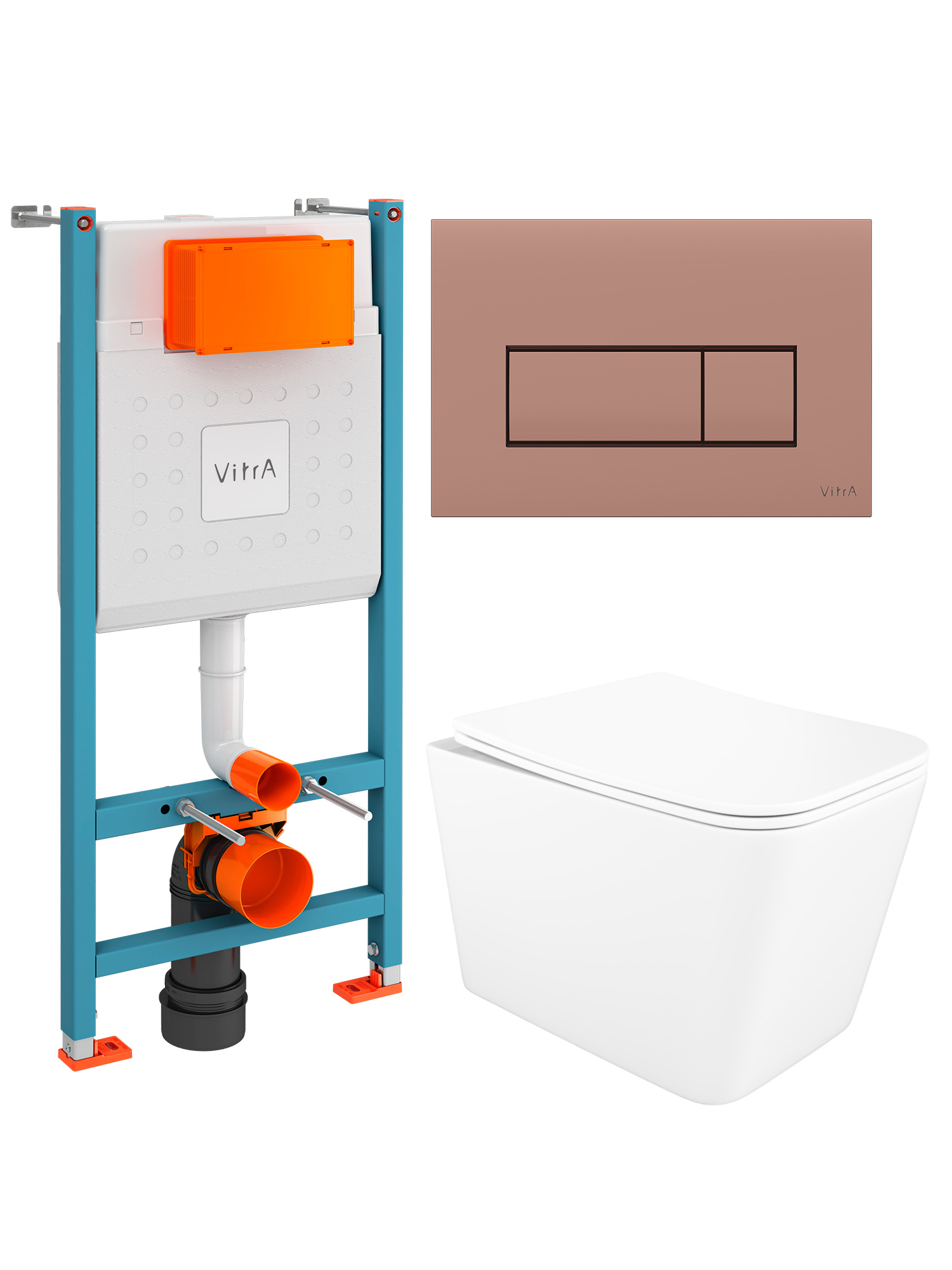 Комплект 5 в 1: Инсталляция VitrA Ви-Фикс Кор (V-Fix Core) 732-5800-01 + Унитаз подвесной STWORKI Молде S23401WH + Сиденье с микролифтом + Кнопка Рут Скуэр (Root Square) 740-2340, глянцевая медь + Комплект креплений