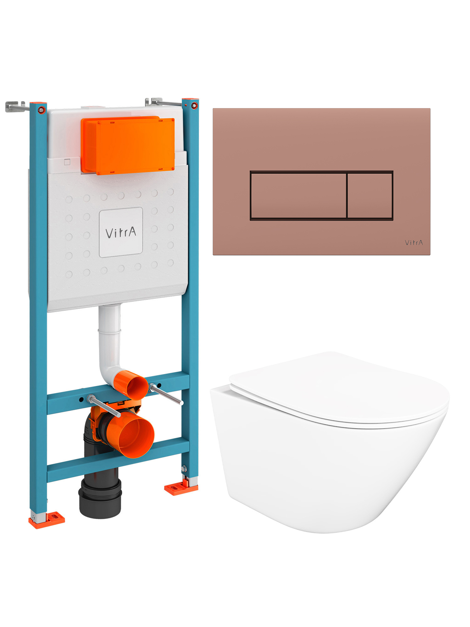 Комплект 4 в 1: Инсталляция VitrA Ви-Фикс Кор (V-Fix Core) 732-5800-01 + Унитаз подвесной STWORKI Левангер S07401WH безободковый, с микролифтом + Кнопка Рут Скуэр (Root Square) 740-2340, глянцевая медь + Комплект креплений