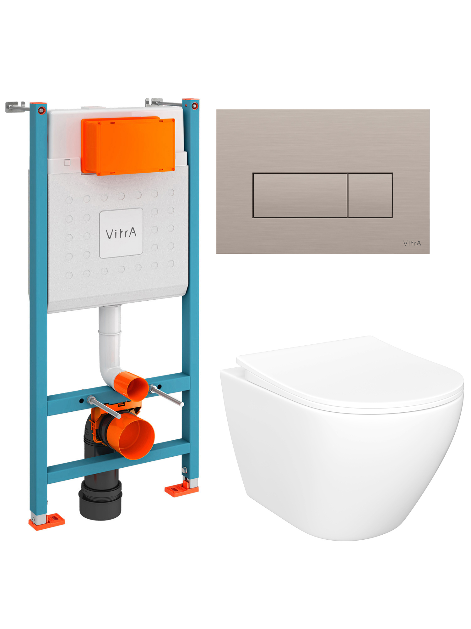 Комплект 4 в 1: Инсталляция VitrA Ви-Фикс Кор (V-Fix Core) 732-5800-01 + Унитаз подвесной STWORKI Кронборг S28401WH безободковый, с микролифтом + Кнопка Рут Скуэр (Root Square) 740-2395, никель + Комплект креплений